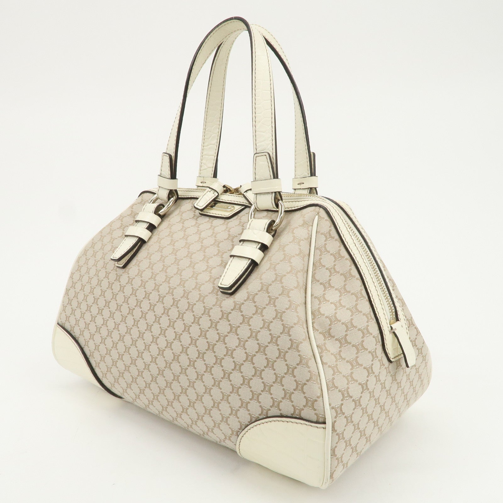 CELINE Macadam Canvas Leather Boston Bag Hand Bag Beige Ivory