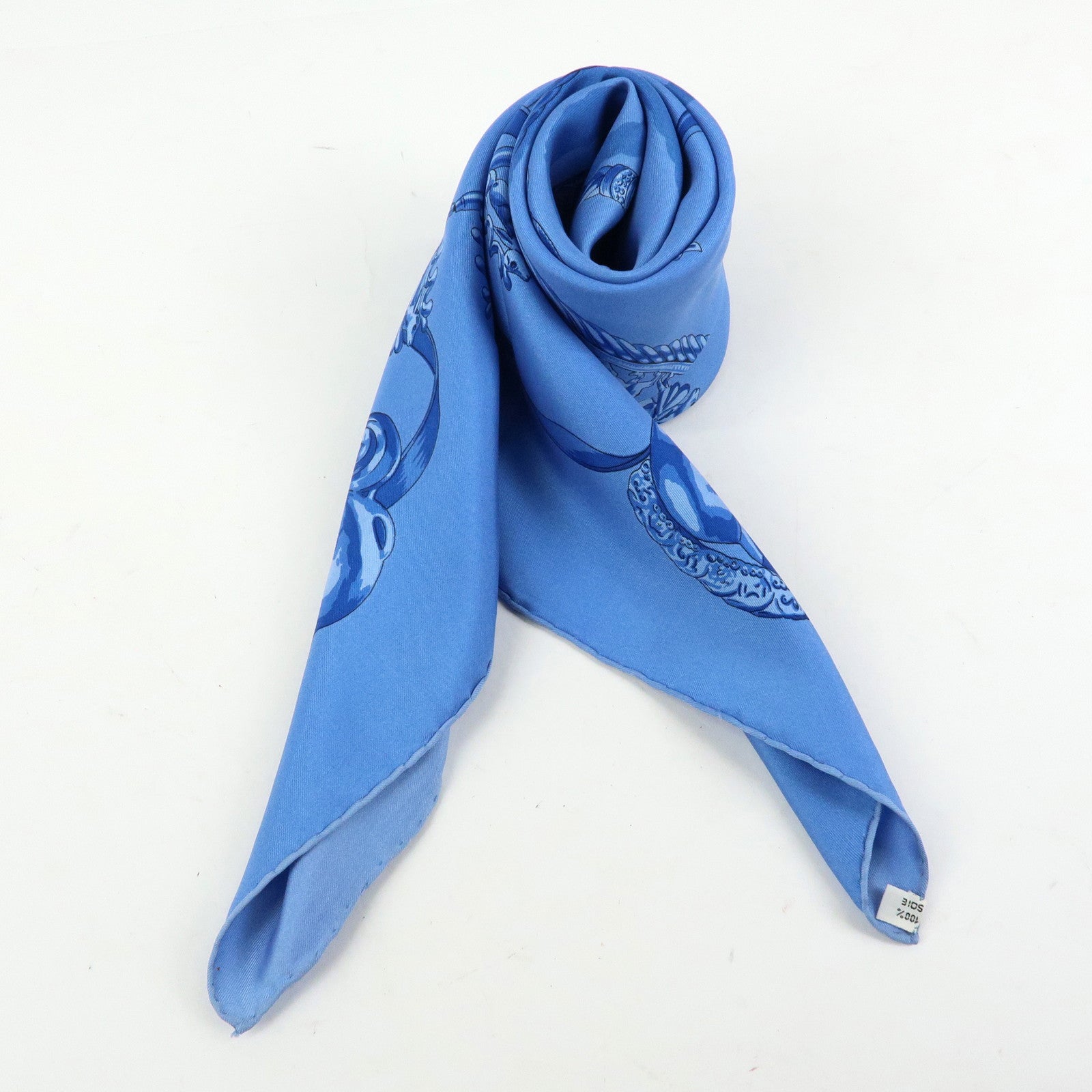 HERMES Carre 90 Silk 100% LES CAVALIERS D'OR Scarf Light Blue