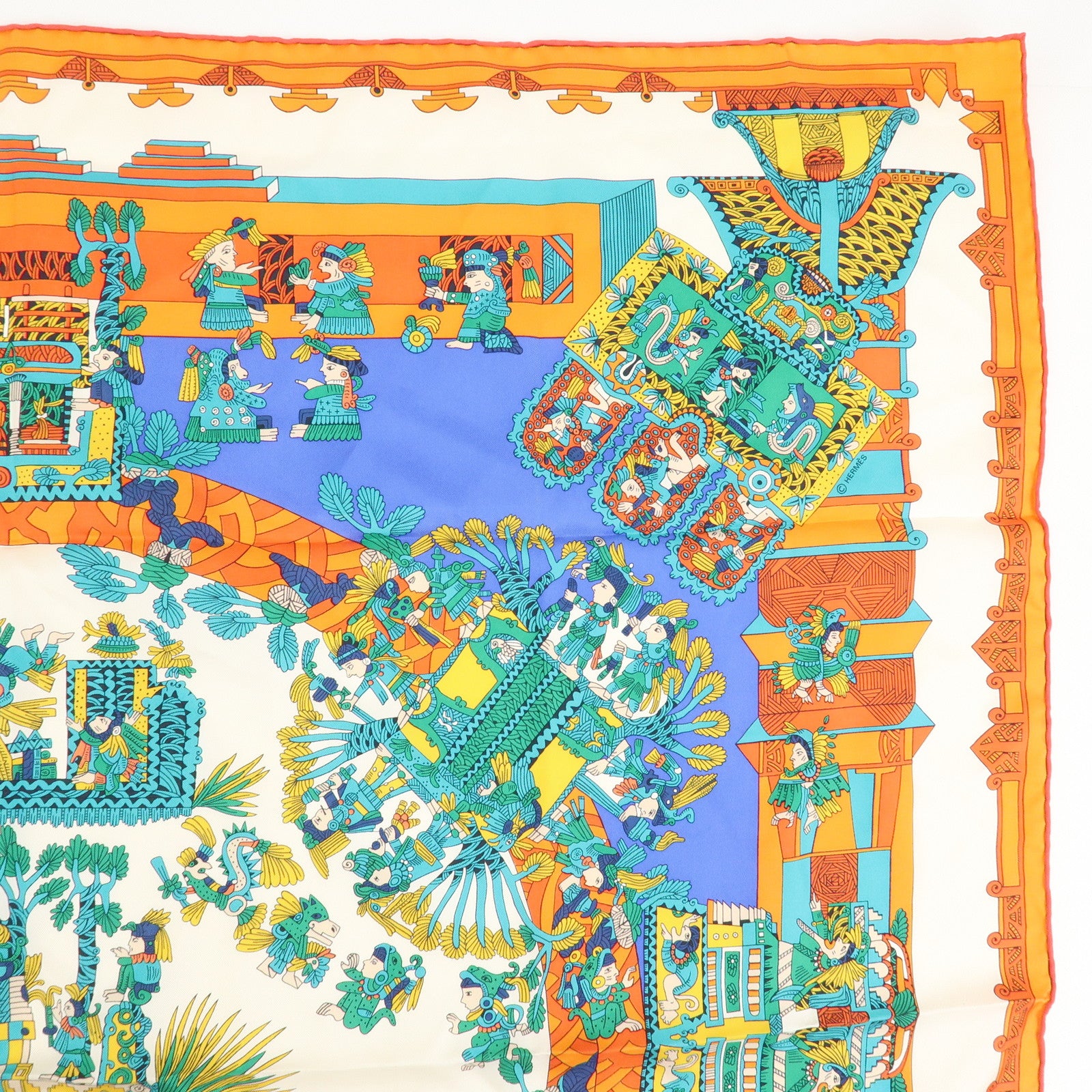 HERMES Carre 90 Silk 100% Scarf ASTRES ET SOLEILS Orange Green Blue
