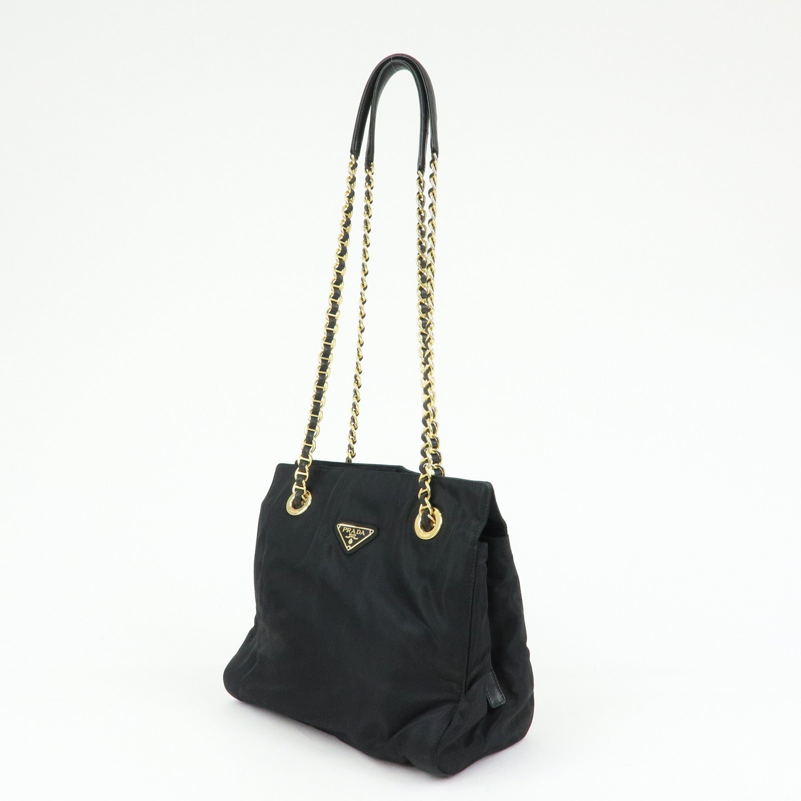 PRADA Triangle Logo Nylon Leather Chain Shoulder Bag Black B4394