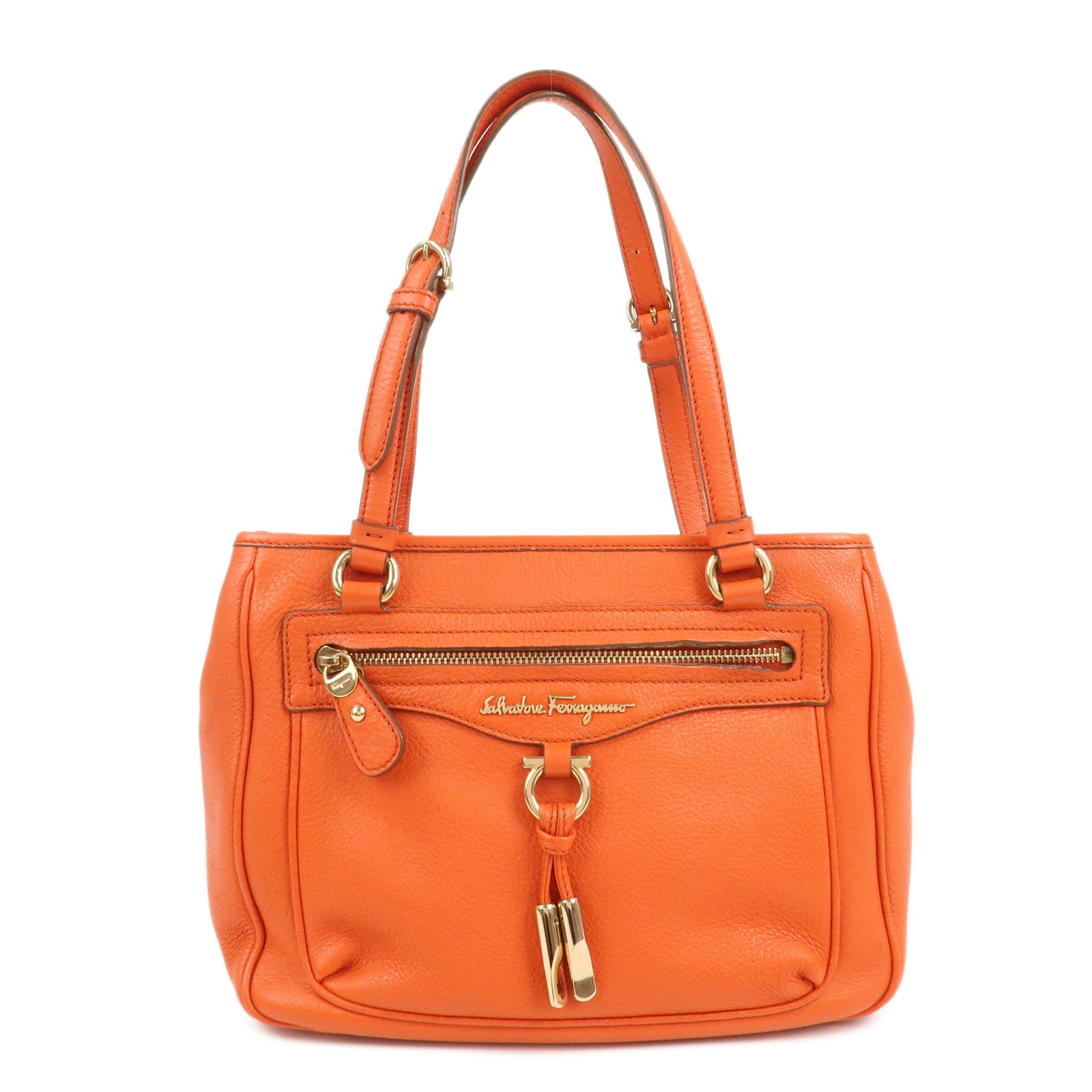 Ferragamo Gancini Leather Hand Bag Orange Gold HDW