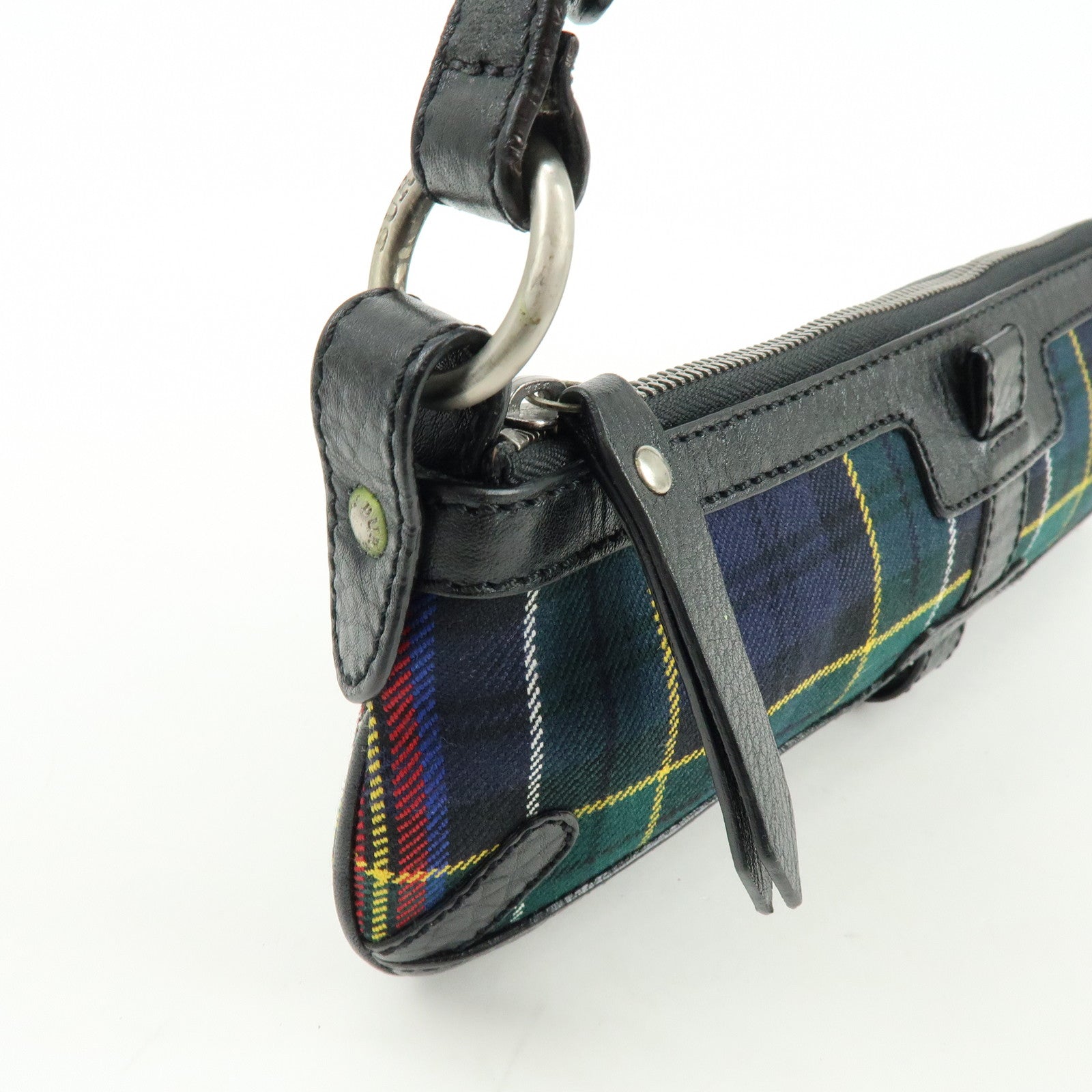 BURBERRY Canvas Leather Plaid Shoulder Bag Black Green