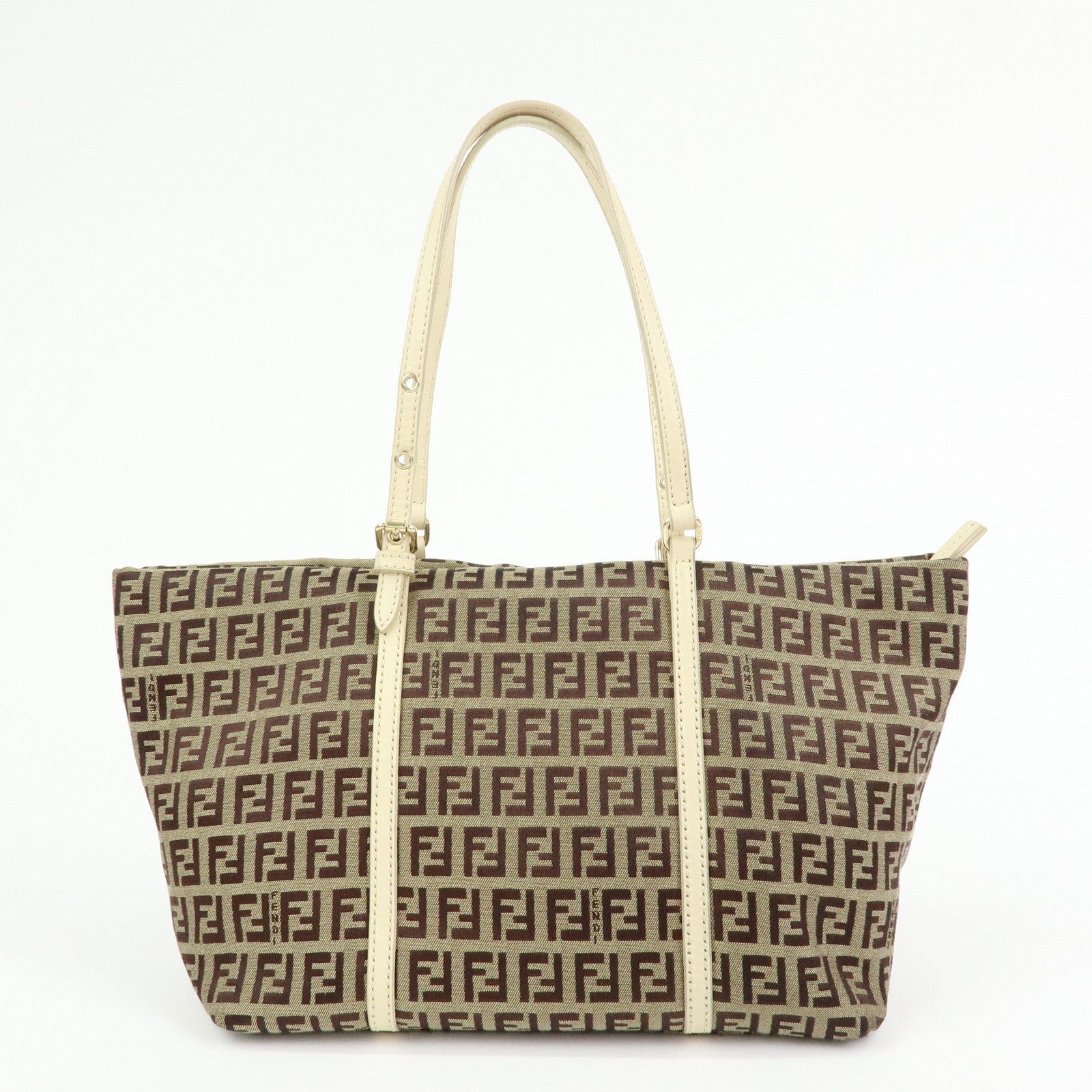 FENDI Zucchino Canvas Leather Tote Bag Hand Bag Brown Ivory 8BH214