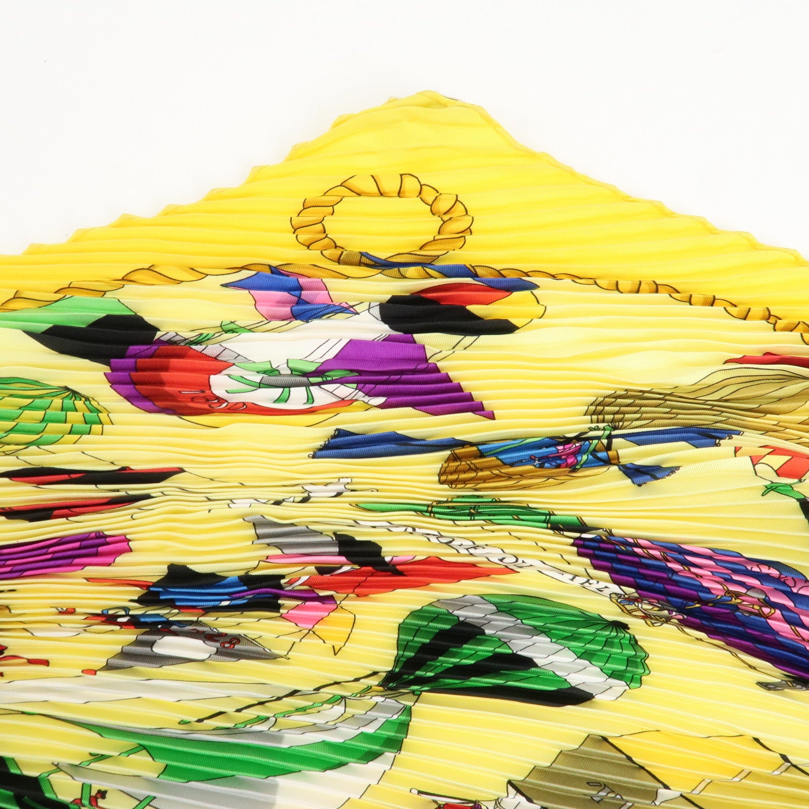 HERMES pleats Carre 90 Silk 100% Scarf Yellow Green Purple Red Used