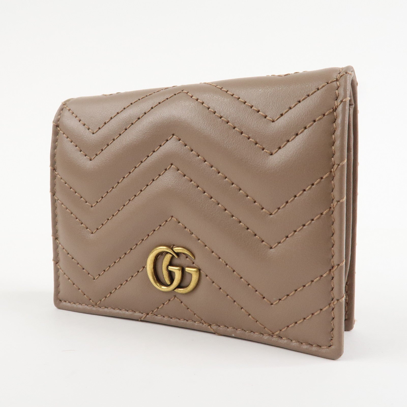 GUCCI Marmont Leather Bi-fold Small Wallet Taupe 466492 Used