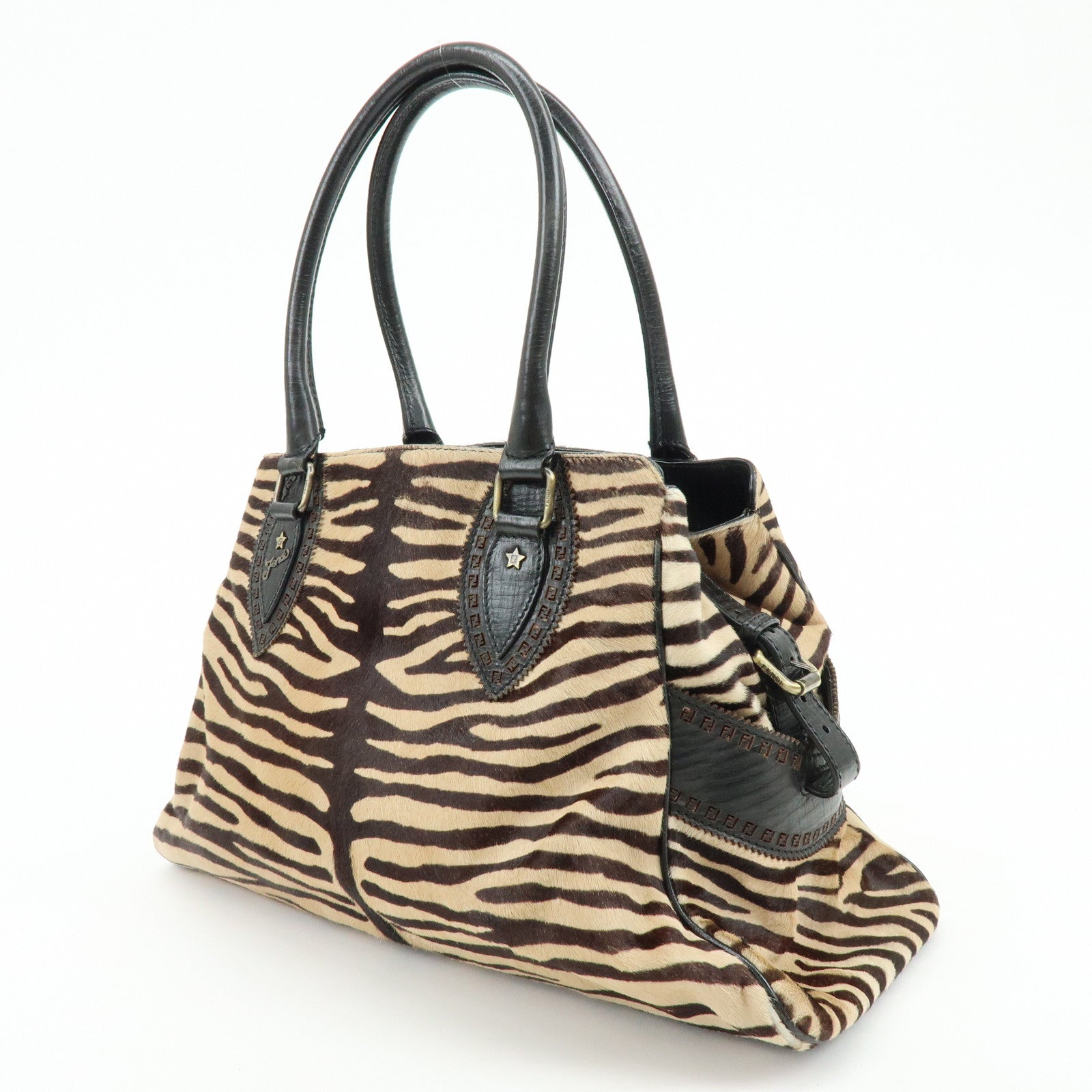 FENDI Etnico Calf Hair Leather Tote Bag Shoulder Bag Brown 8BN162