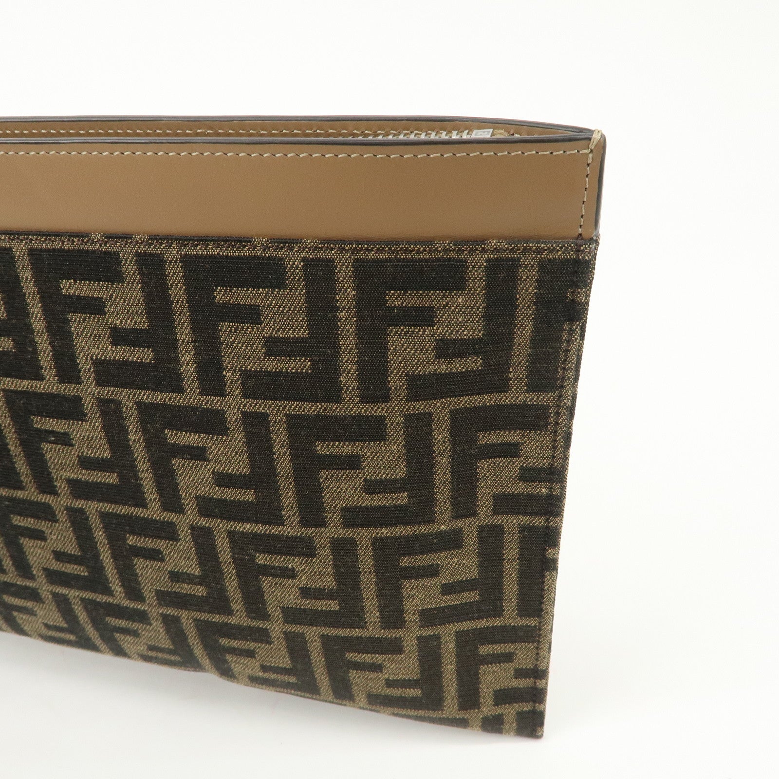 FENDI Zucca Leather Canvas Slim Clutch Bag Medium Brown 7N0134