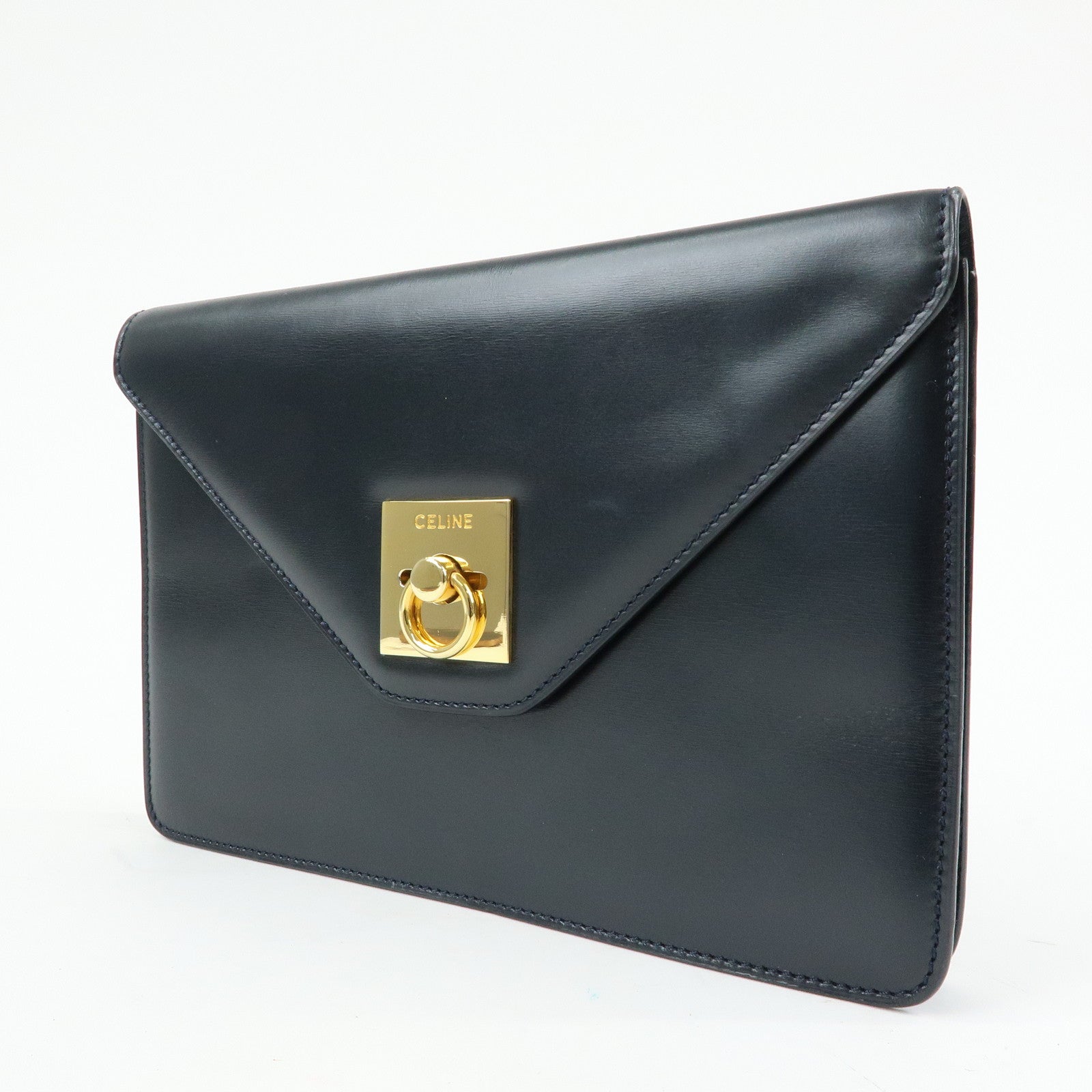 CELINE Leather Envelope Flap Clutch Bag Pouch Navy