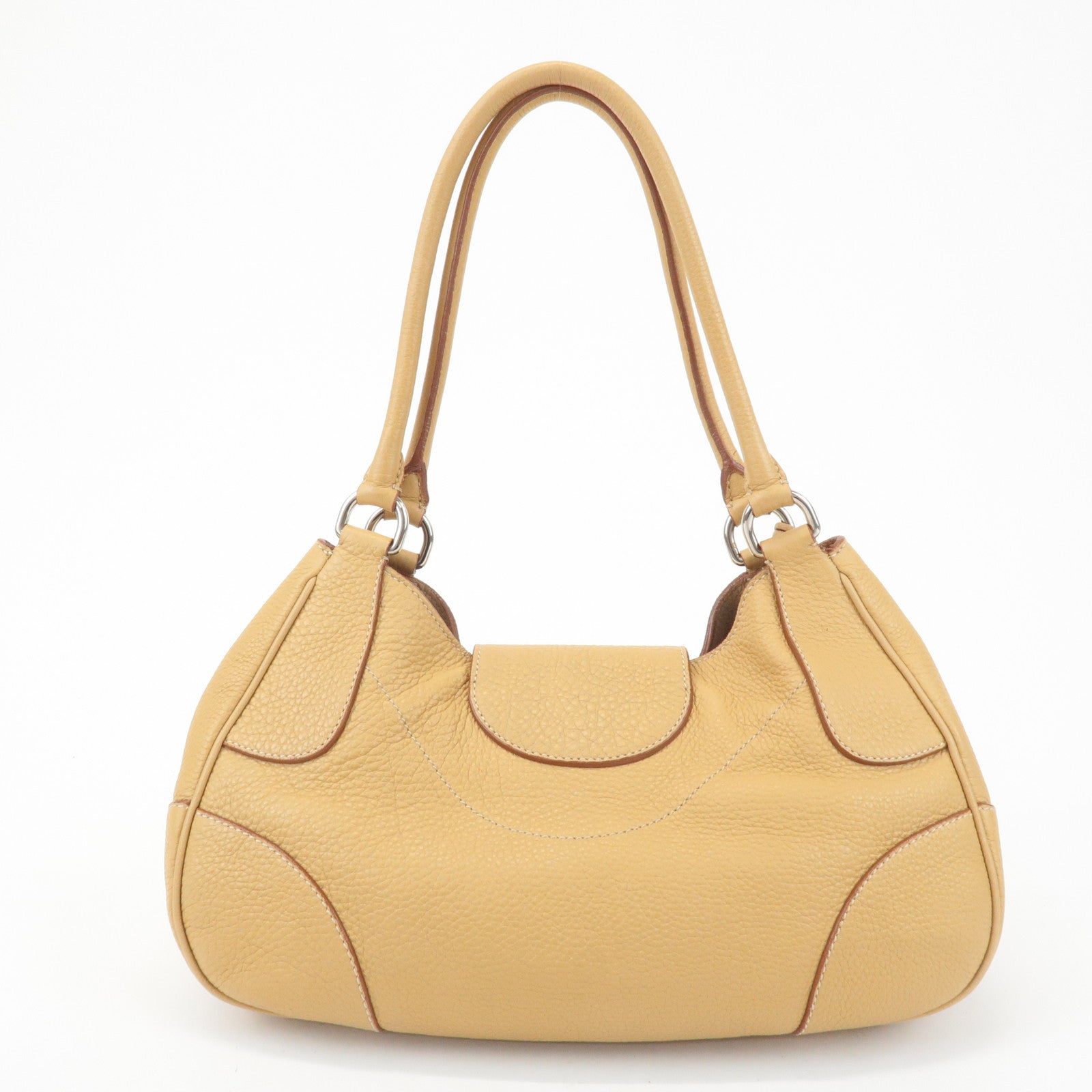 PRADA Leather Shoulder Bag Hand Bag Beige Silver HDW Used