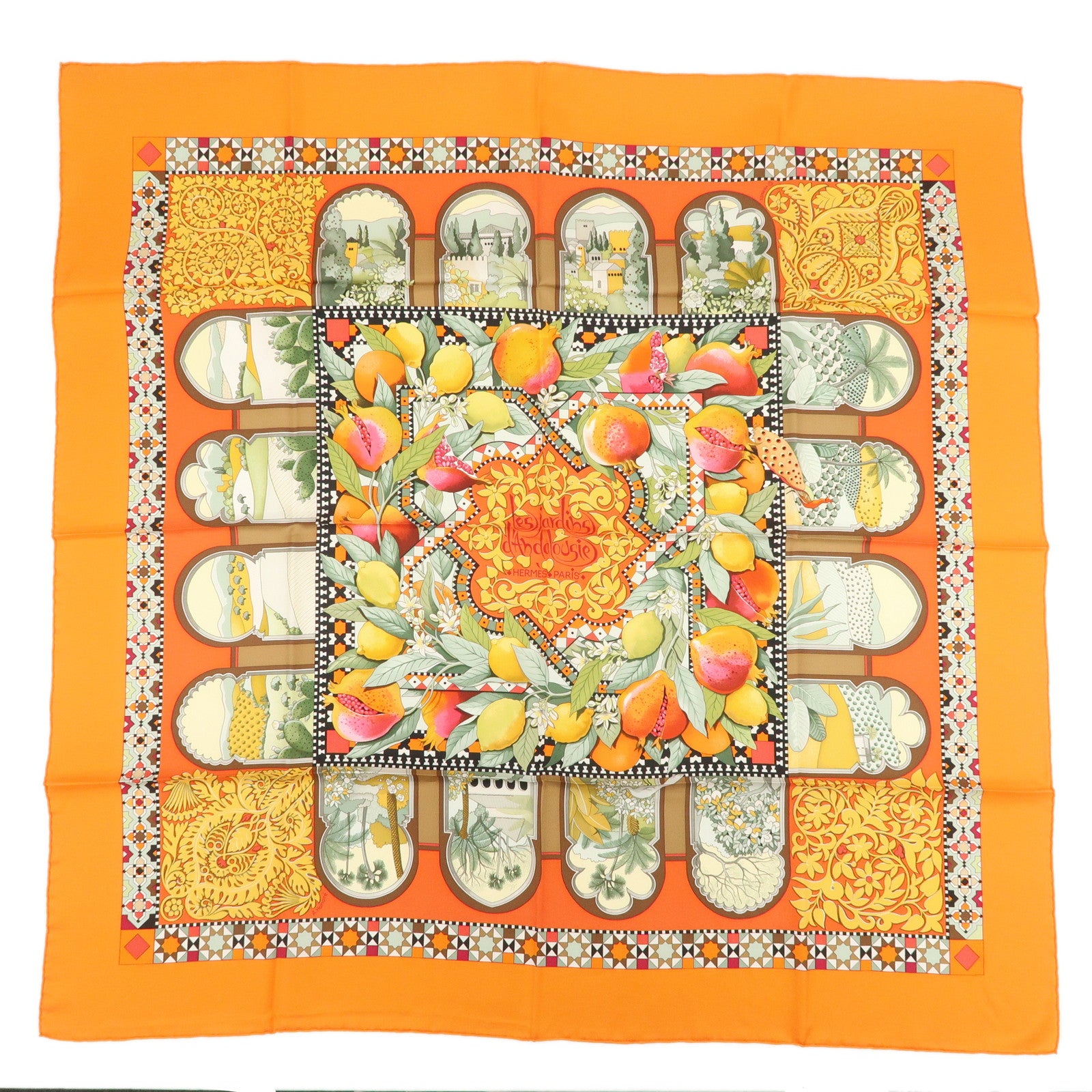 HERMES Carre 90 Silk 100% Les Jardins d’ Andalousie Scarf Oragne