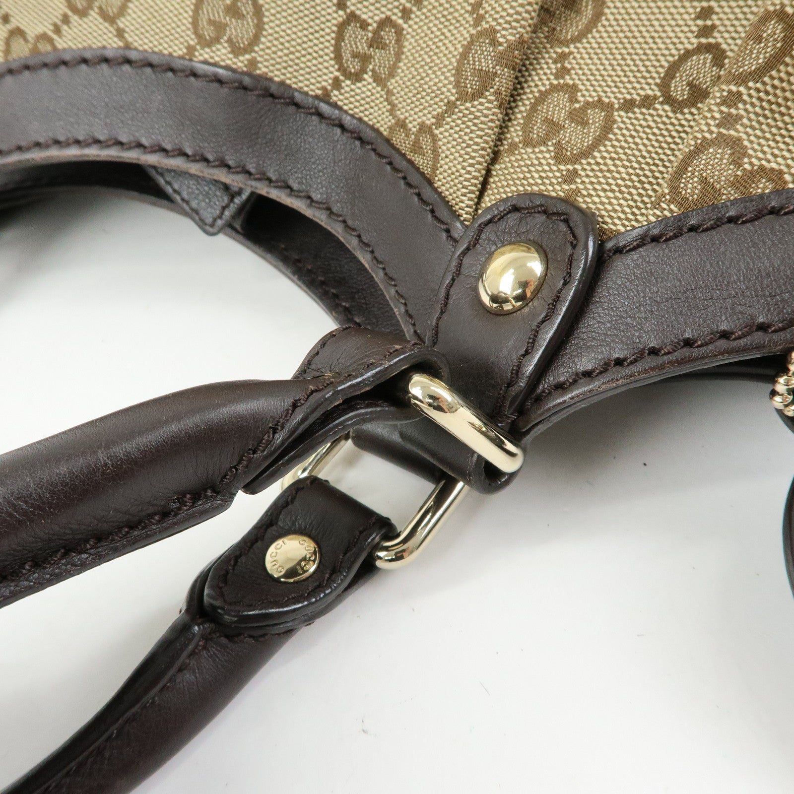 GUCCI GG Canvas Leather Tote Bag Hand Bag Dark Brown Beige 211944
