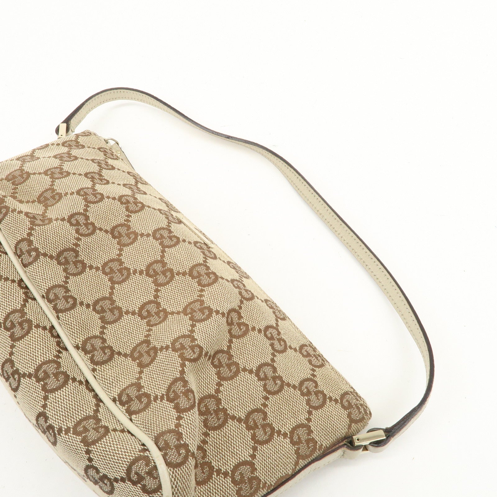 GUCCI Boat Bag GG Canvas Leather Hand Bag Pouch Brown Ivory 07198