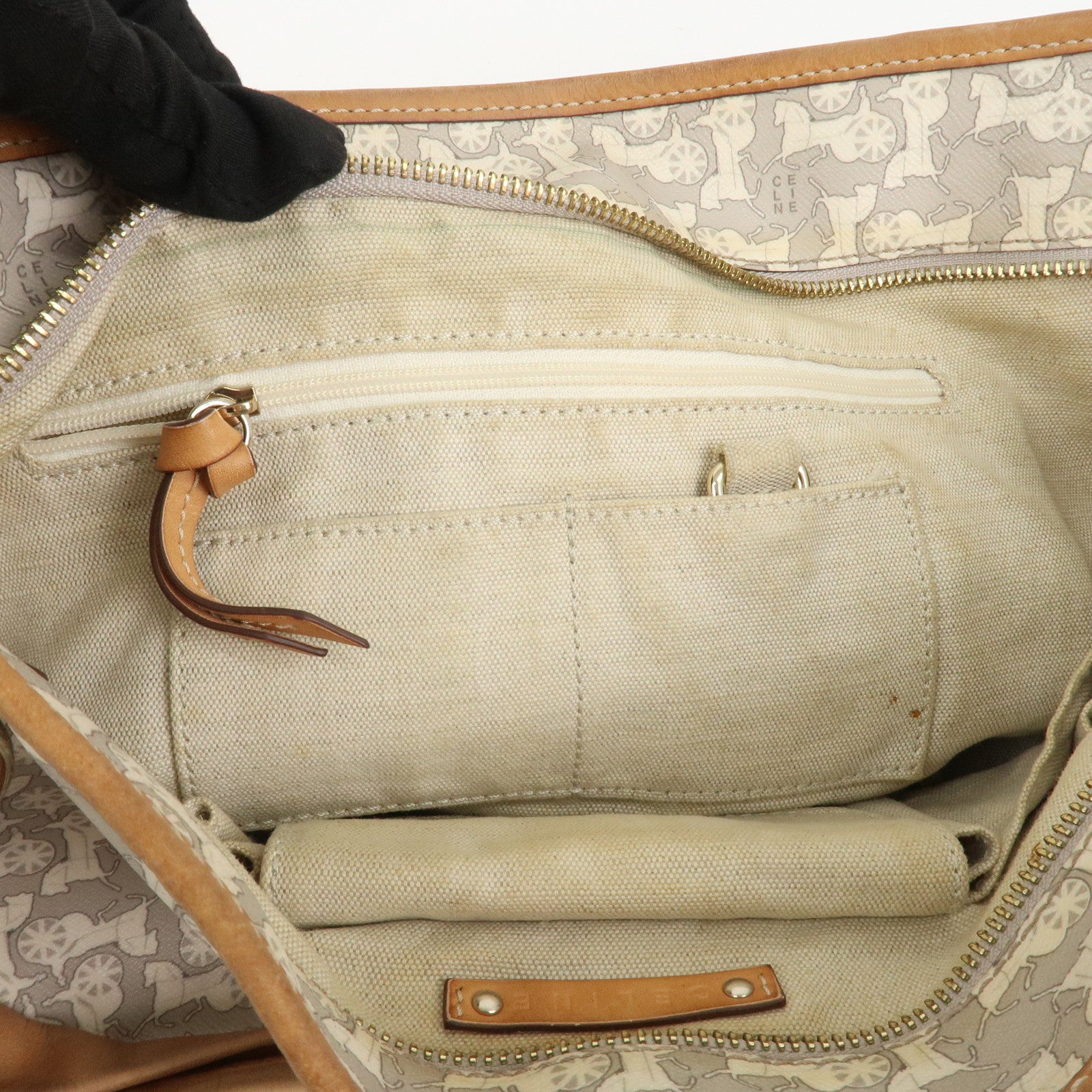 CELINE Logo Leather Hand Bag Shoulder Bag Gray Light Brown