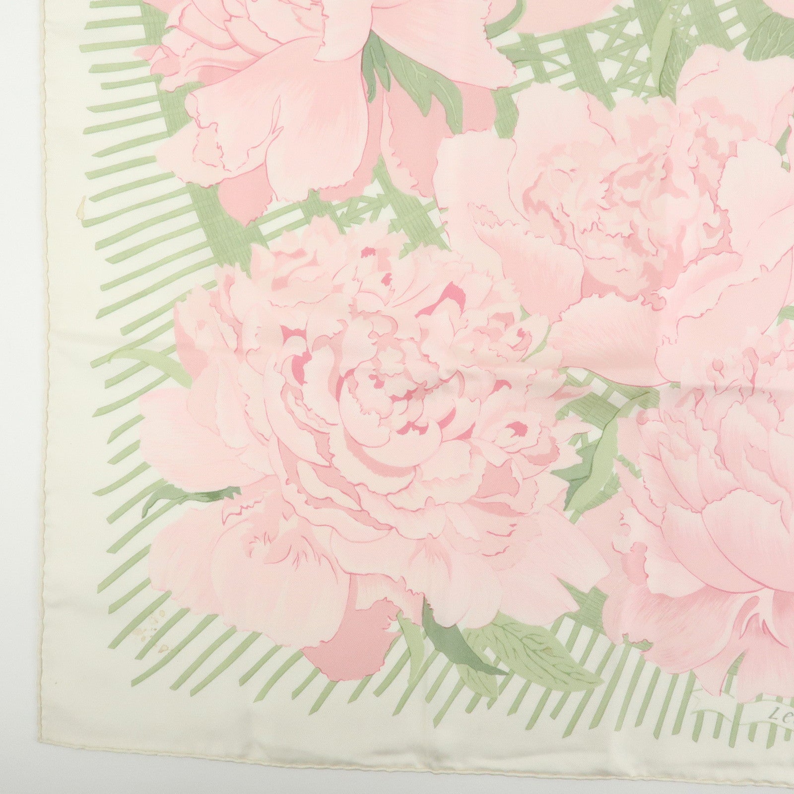 HERMES Carre 90 Silk 100% Scarf Les Pivoines Pink Light Green