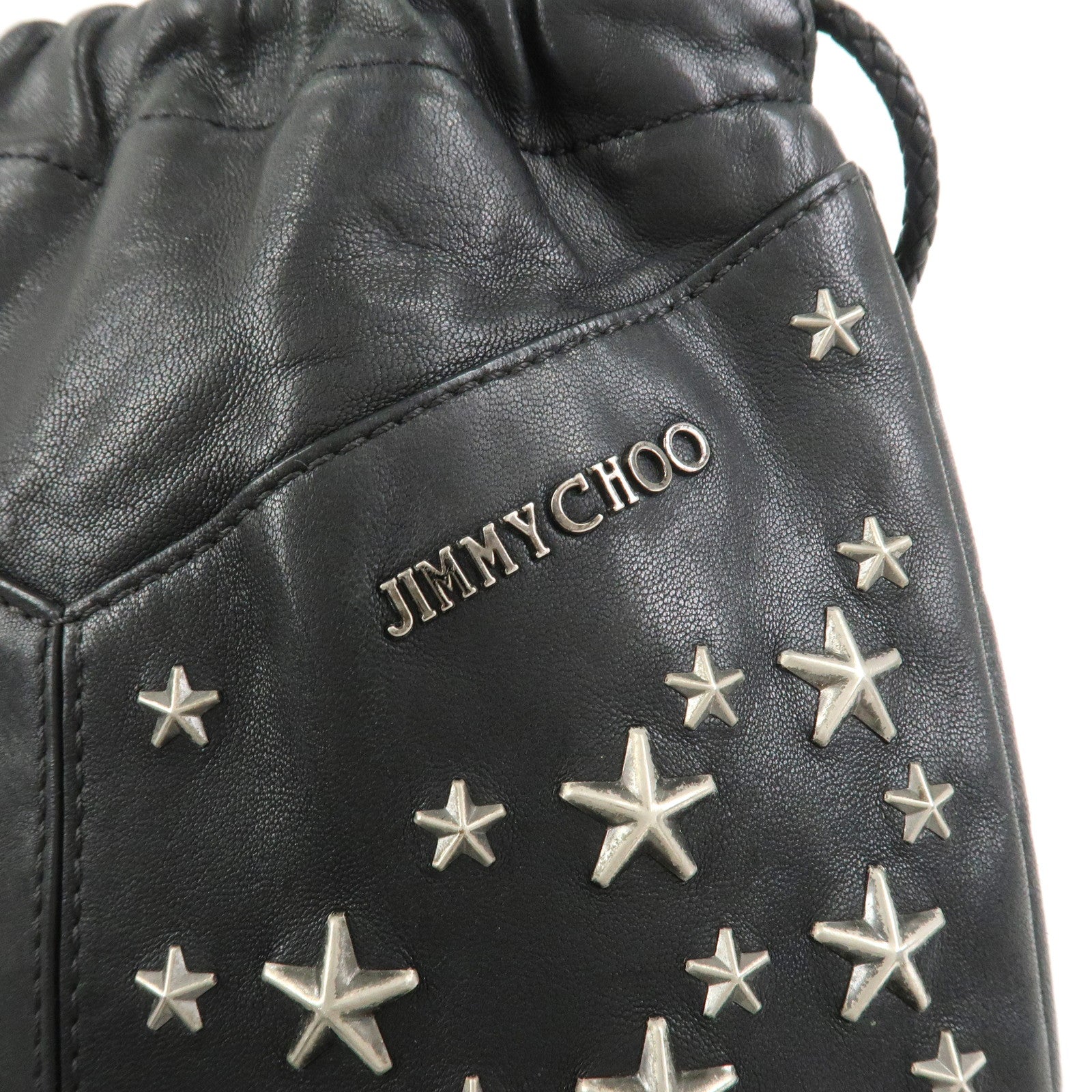 JIMMY CHOO Star Studs Leather Shoulder Bag Hand Bag Black
