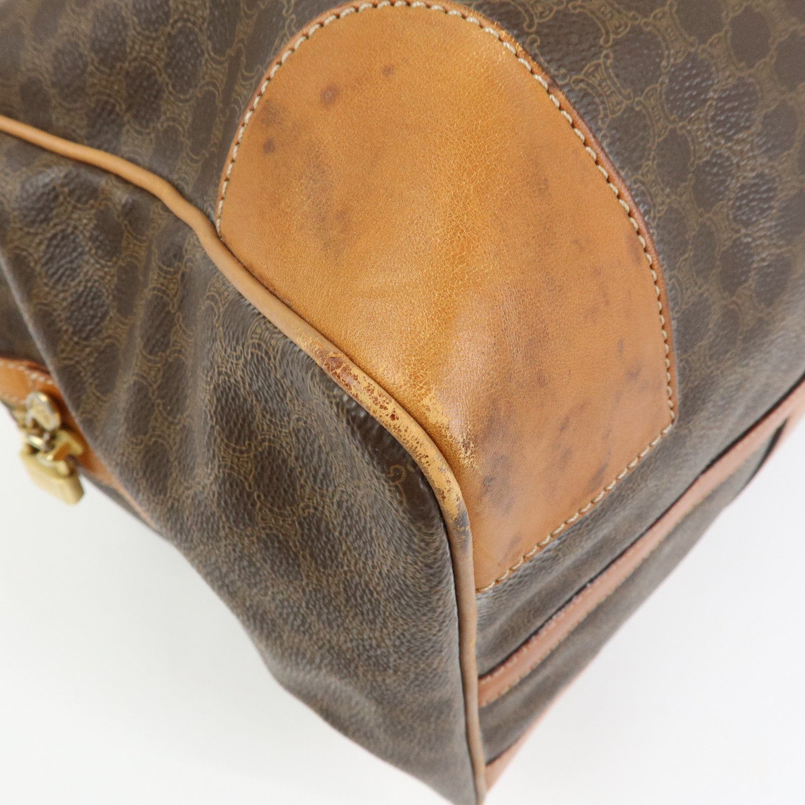 CELINE Logo Macadam PVC Leather Boston Bag Hand Bag Brown