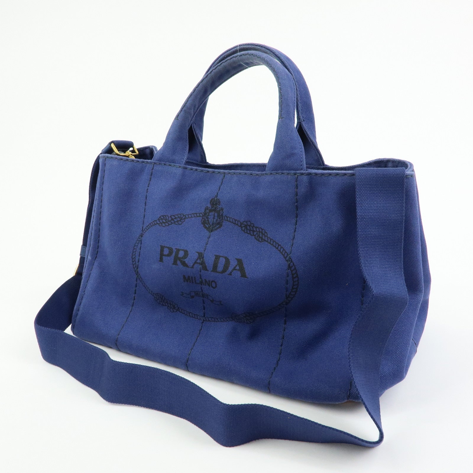PRADA Triangle Logo Canapa 2Way Tote Bag Hand Bag Blue BN2642