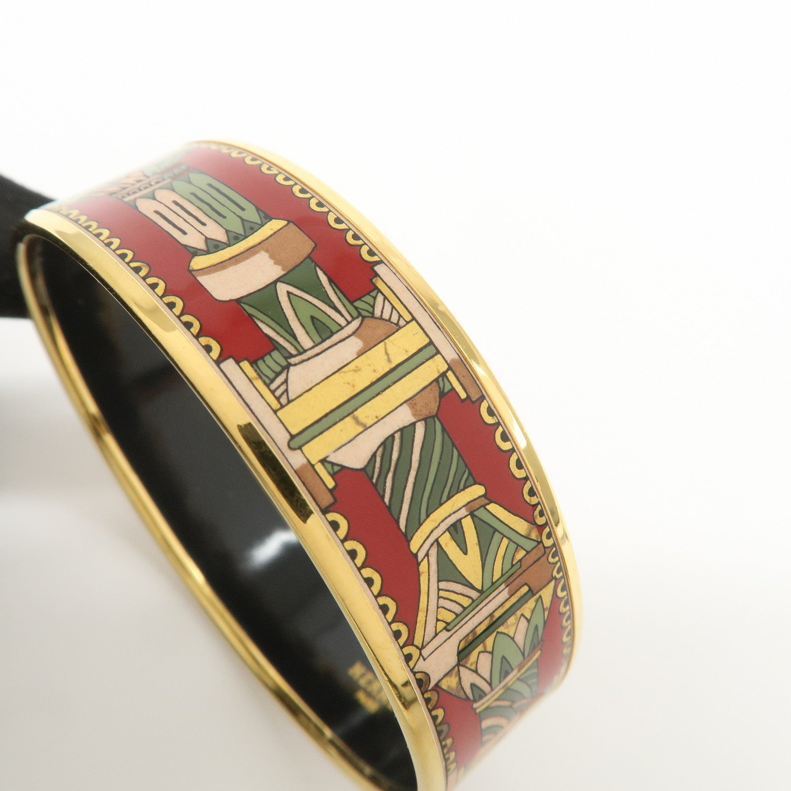HERMES Email GM Gold Plated Bangle Bracelet Red Green
