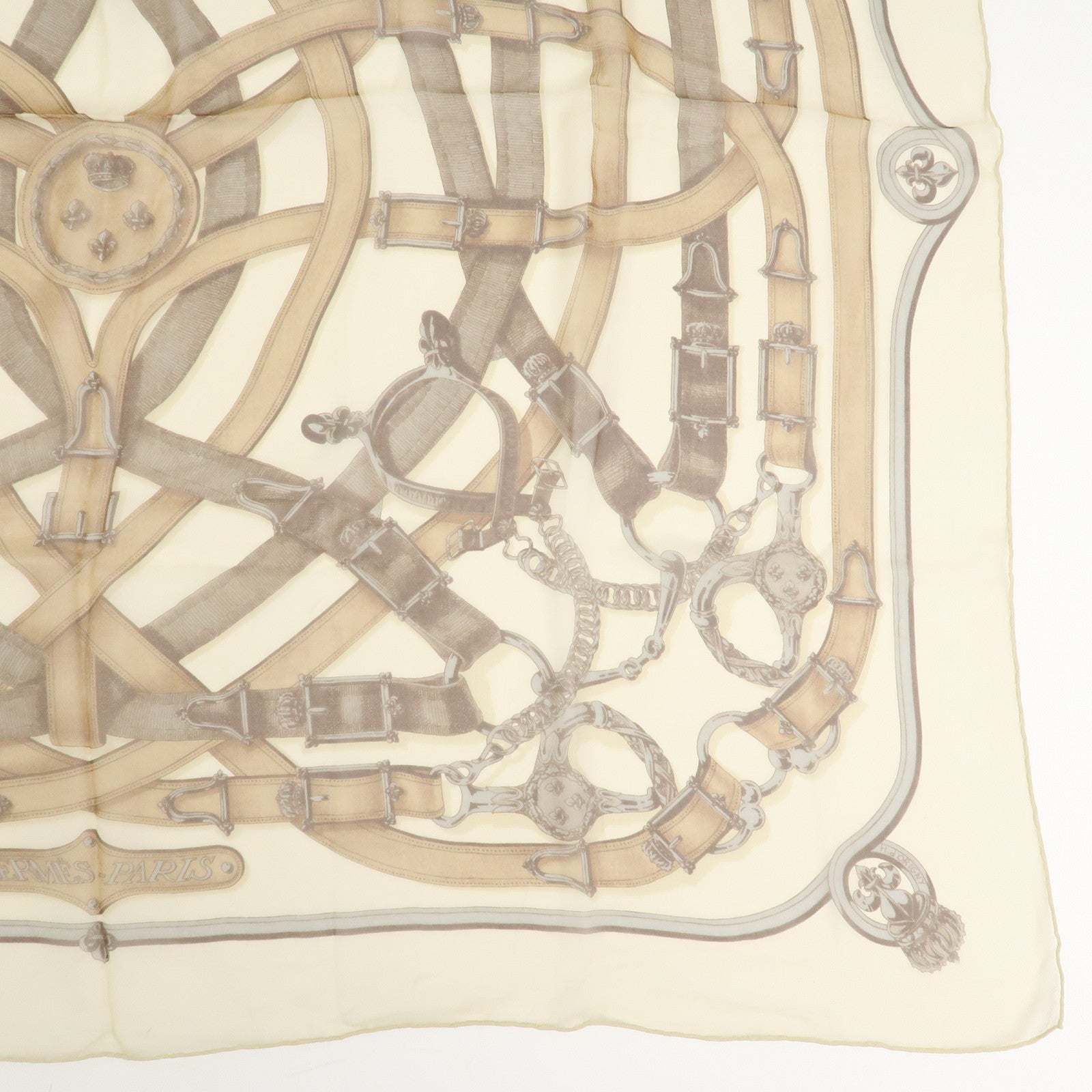 HERMES Carre 90 Silk 100% Scarf CAVALCADOUR Ivory Brown