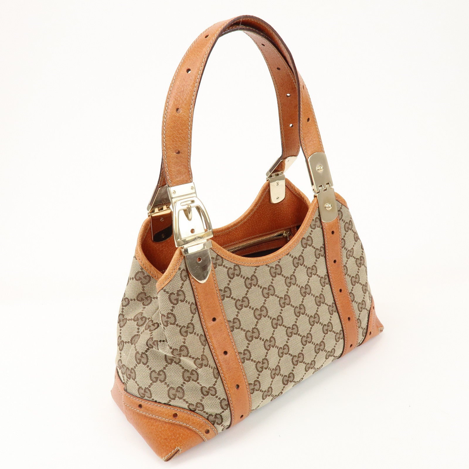 GUCCI GG Monogram Canvas Leather Shoulder Bag Brown 145761