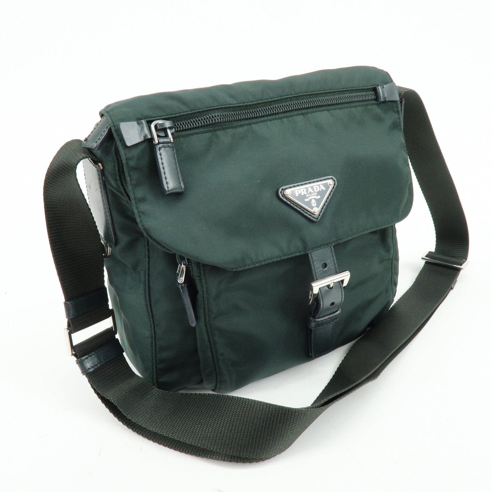 PRADA Triangle Logo Nylon Leather Shoulder Crossbody Bag Dark Brown