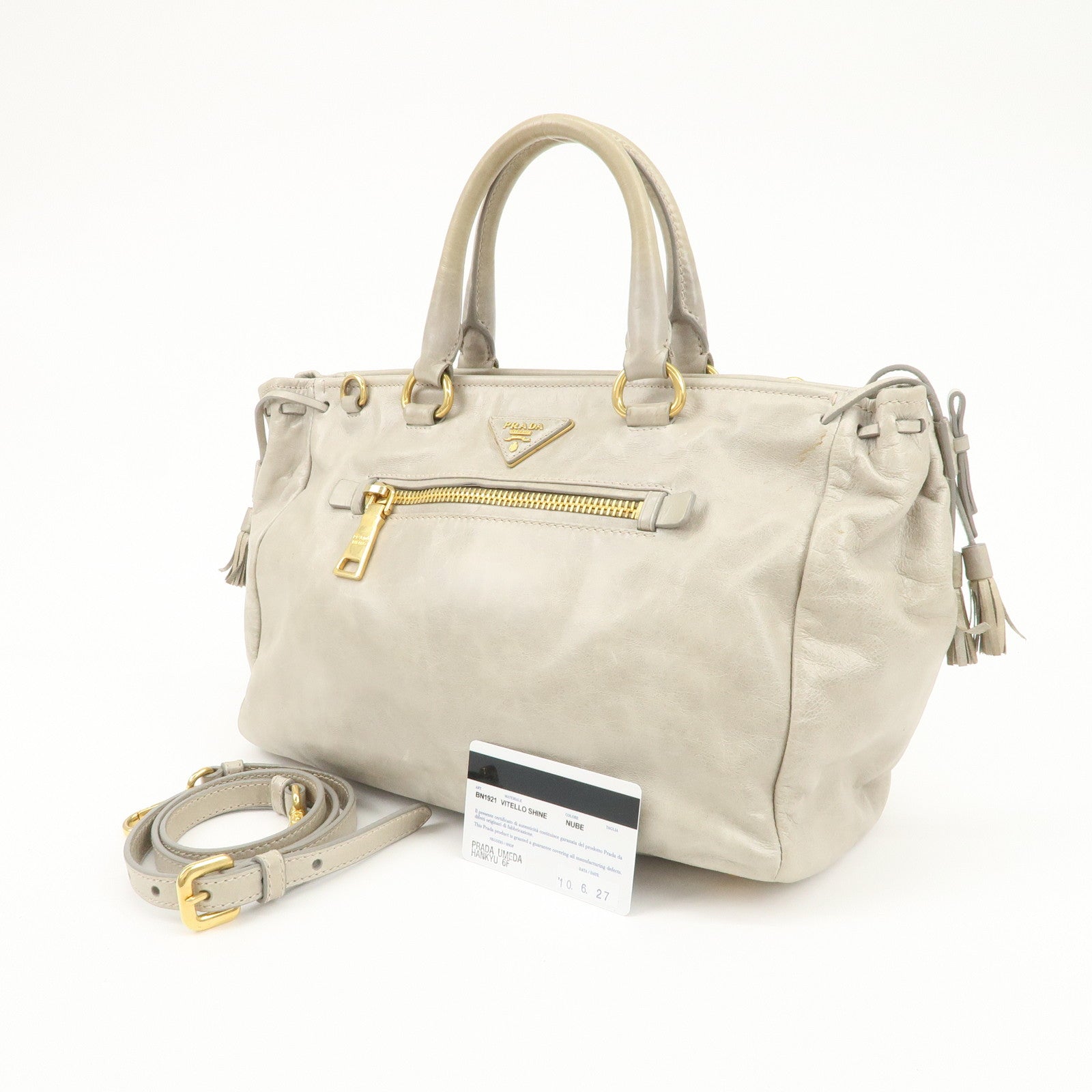 PRADA Triangle Logo VITELLOSHINE Leather 2Way Bag Hand Bag Gray BN1921 Used