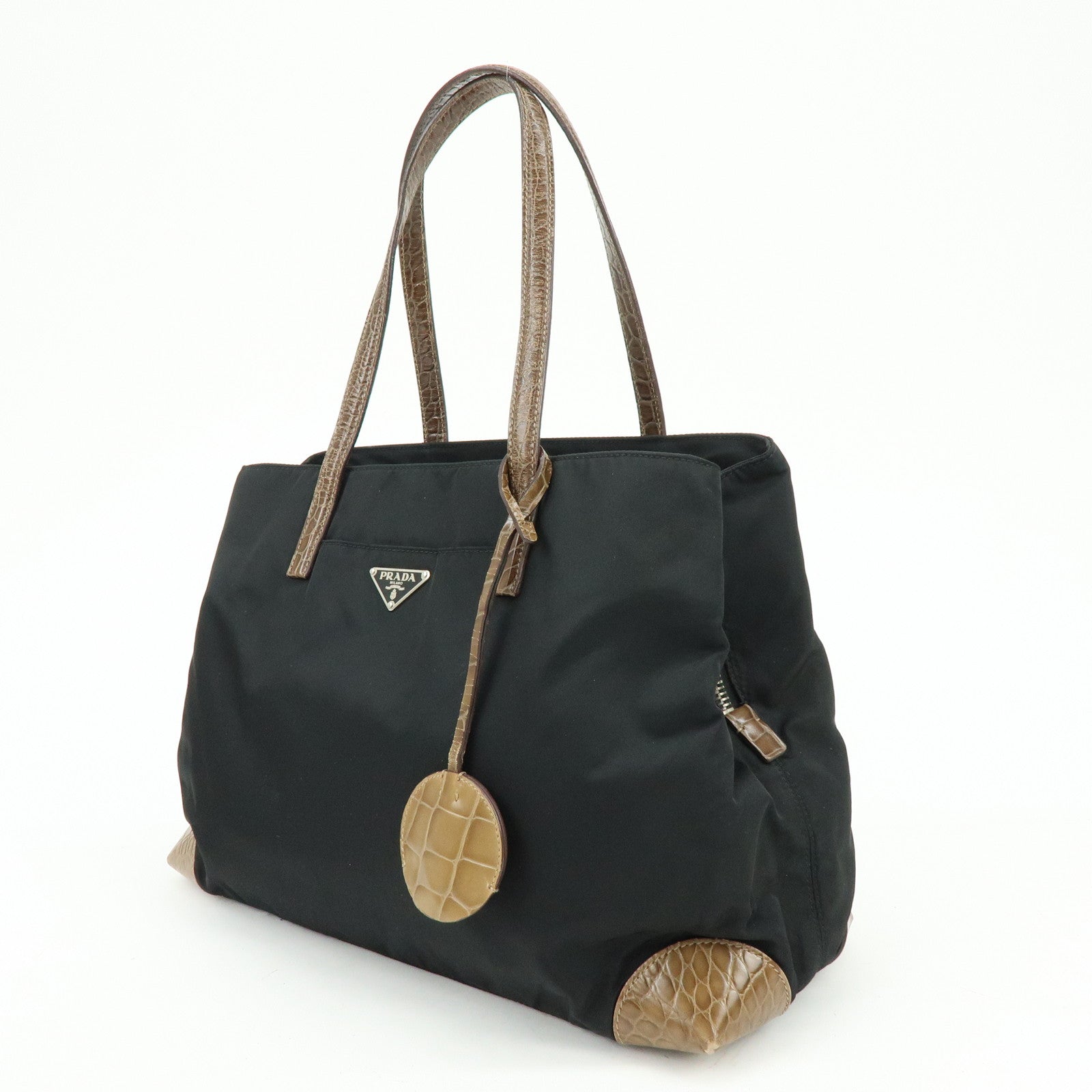 PRADA Triangle Logo Nylon Embossed Leather Tote Bag Black Brown