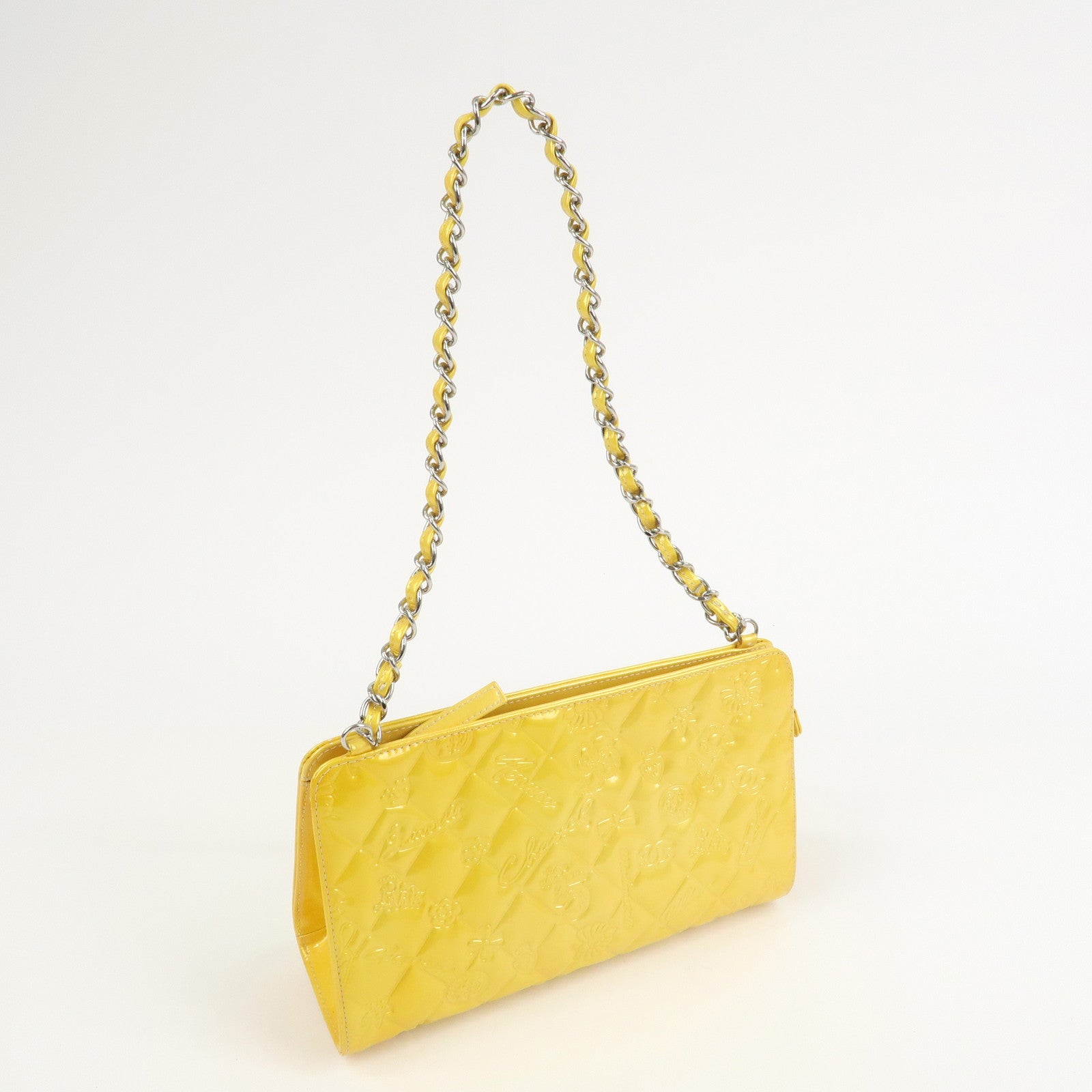 CHANEL Icon Line Patent Leather Chain Shoulder Bag Yellow A37156