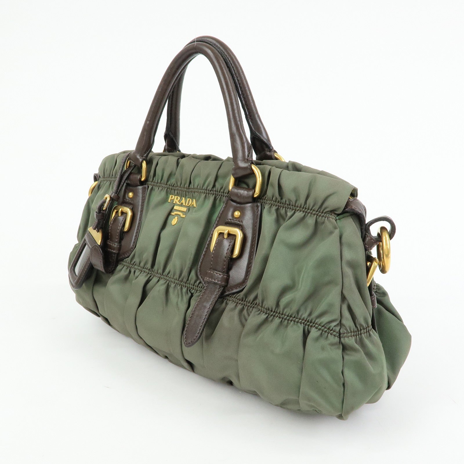 PRADA Nylon Leather Gathered 2Way Bag Hand Bag Khaki BN1407