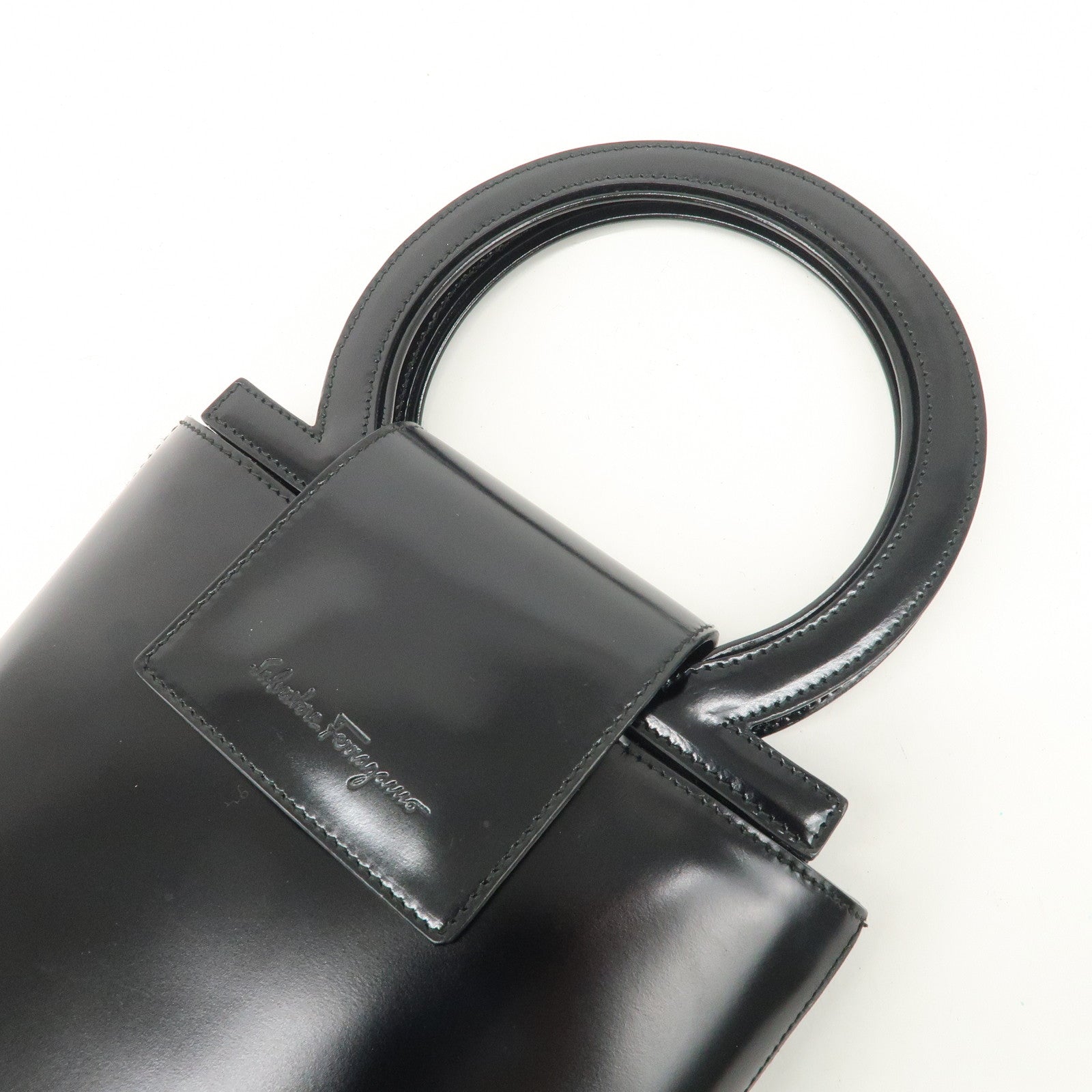 Ferragamo Gancini Leather Hand Bag Black Gold Hardware Used