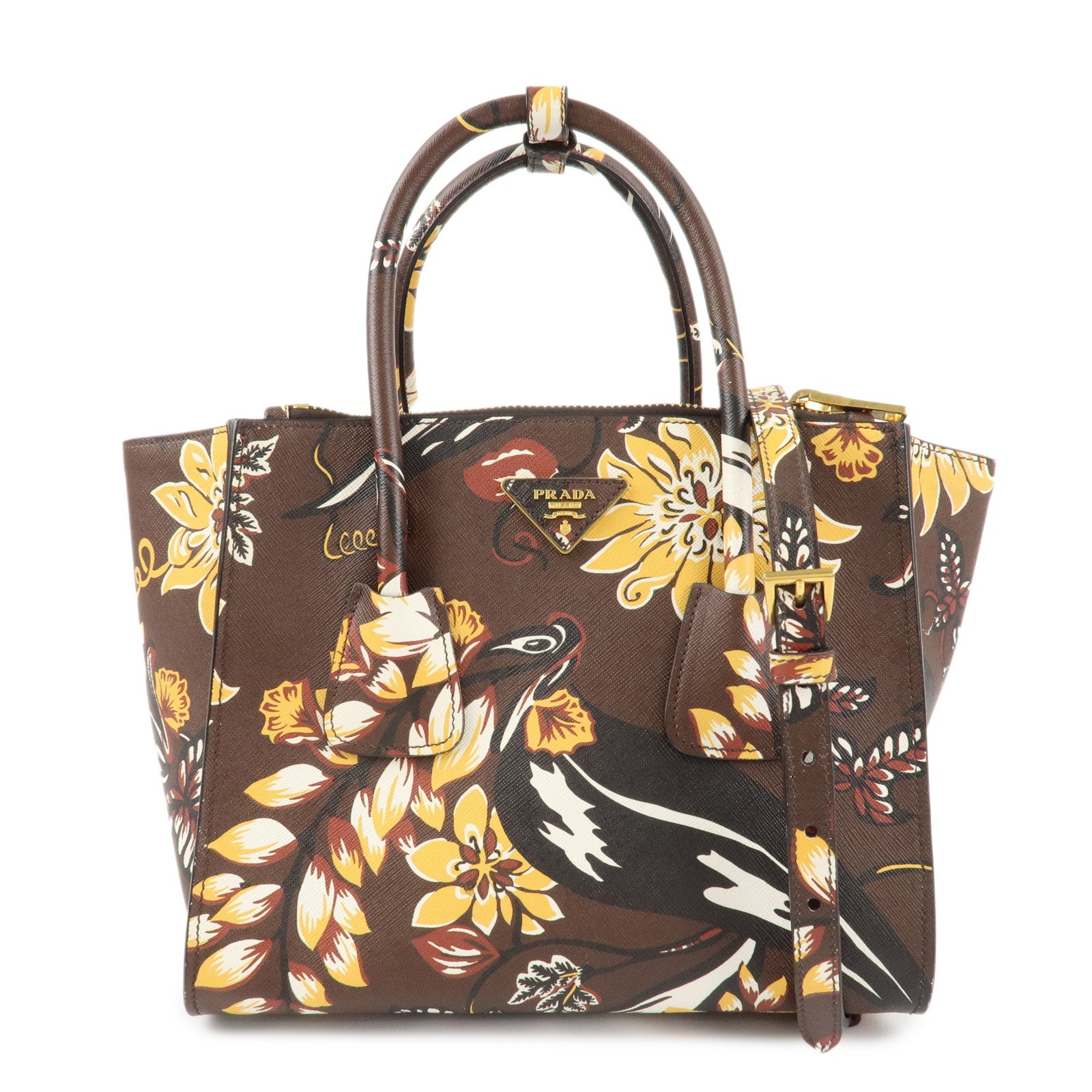 PRADA Triangle Logo Saffiano Leather 2Way Bag Hand Bag Shoulder Bag Brown Yellow B2625P Used