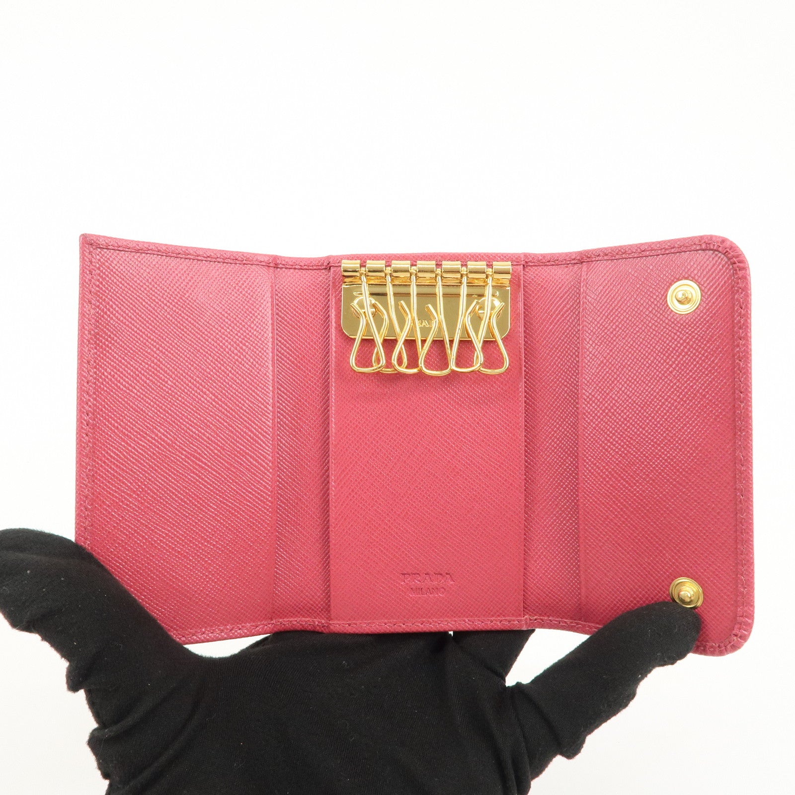 PRADA Logo Saffiano Leather 6 Rings Key Case Key Holder Pink 1PG222