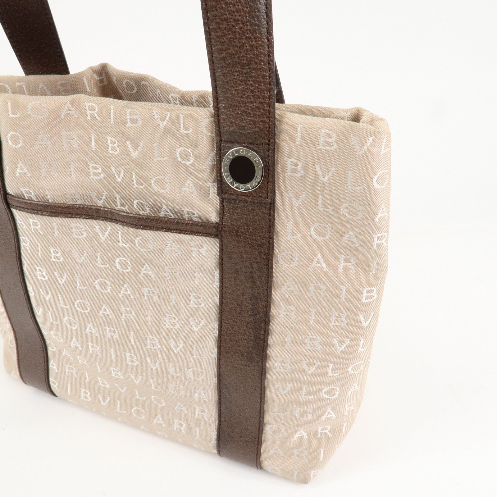 BVLGARI Logo Mania Canvas Leather Tote Bag Beige Dark Brown Silver HDW Used