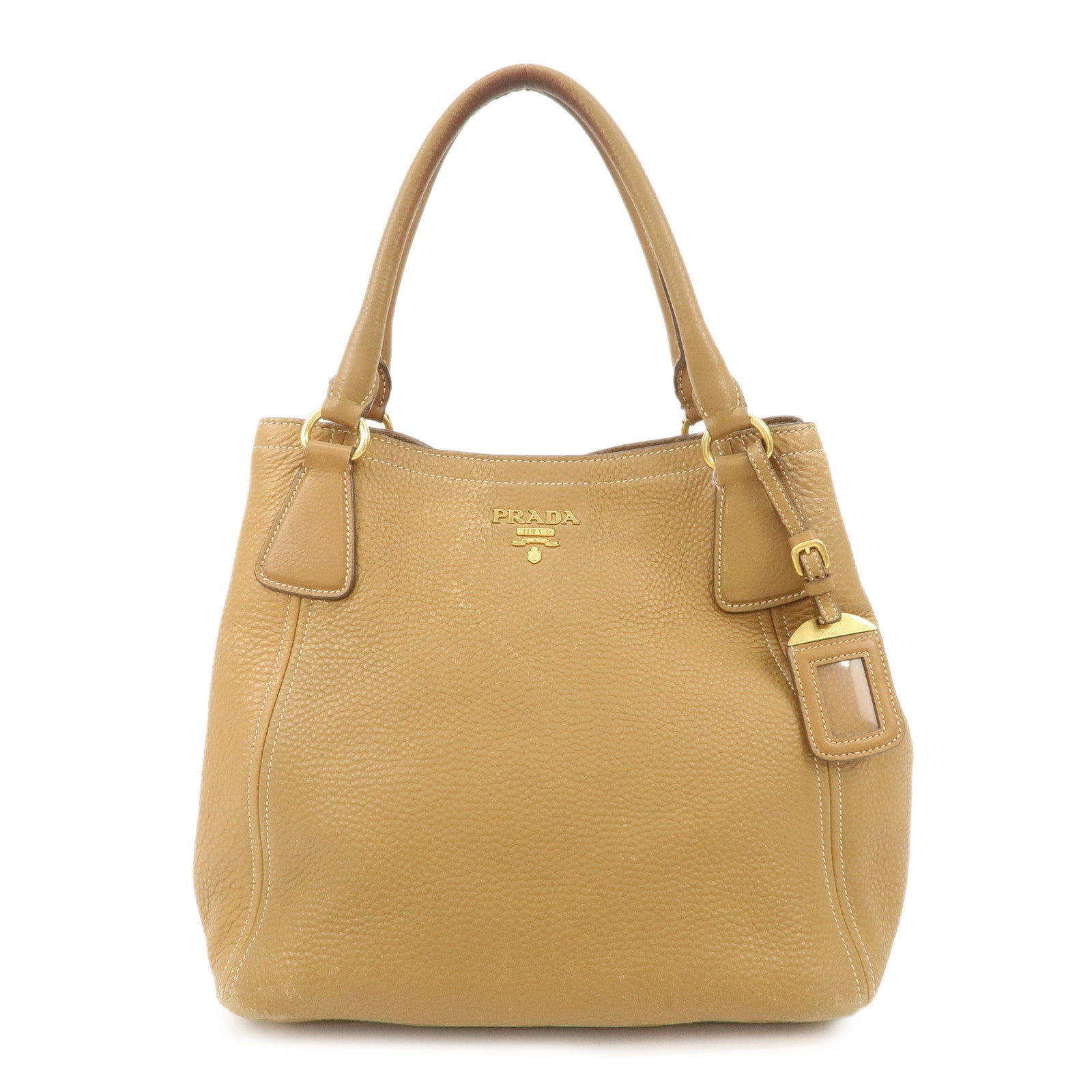PRADA Leather Tote Bag Hand Bag Shoulder Bag Beige Gold HDW Used