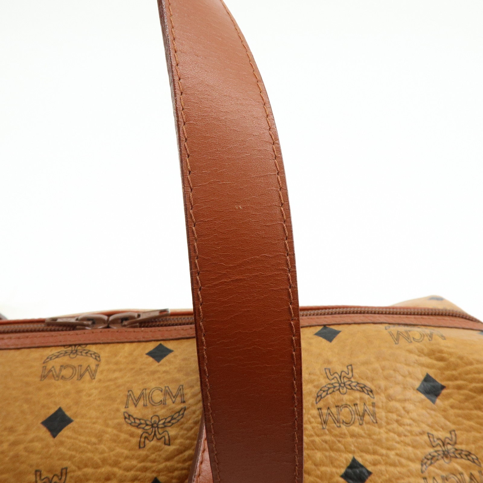 MCM Visetos PVC Leather Tote Bag Boston Bag Hand Bag Cognac Brown