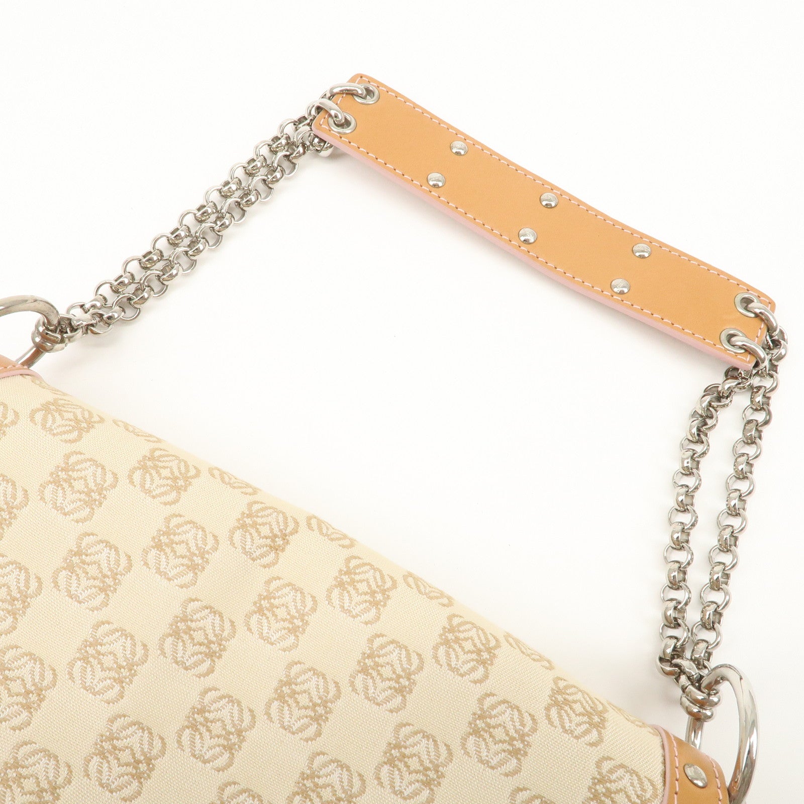 LOEWE Repeat Anagram Leather Canvas Chain Shoulder Bag Beige Brown Used