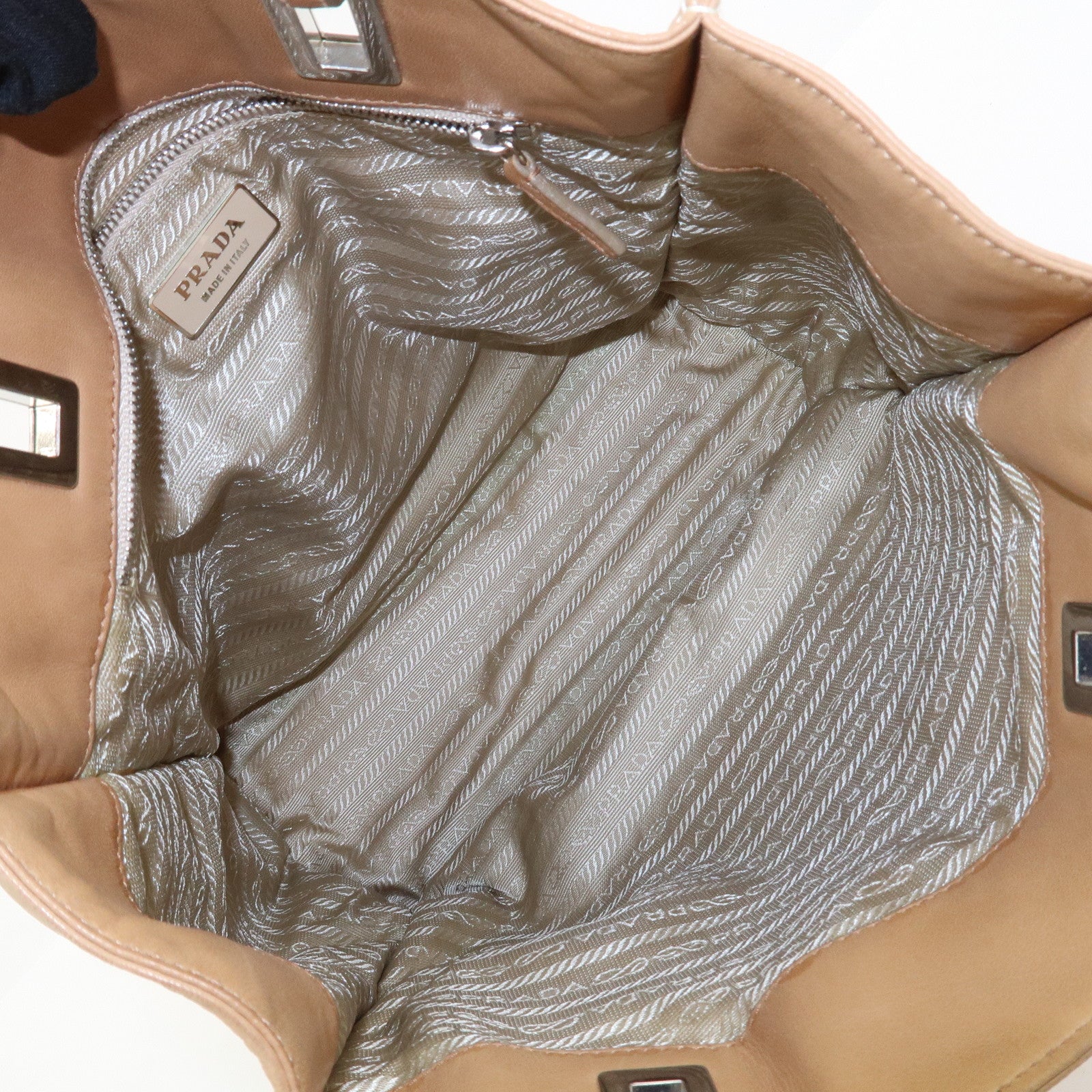 PRADA Triangle Logo Lambskin Tote Bag Shoulder Bag Beige BR1566