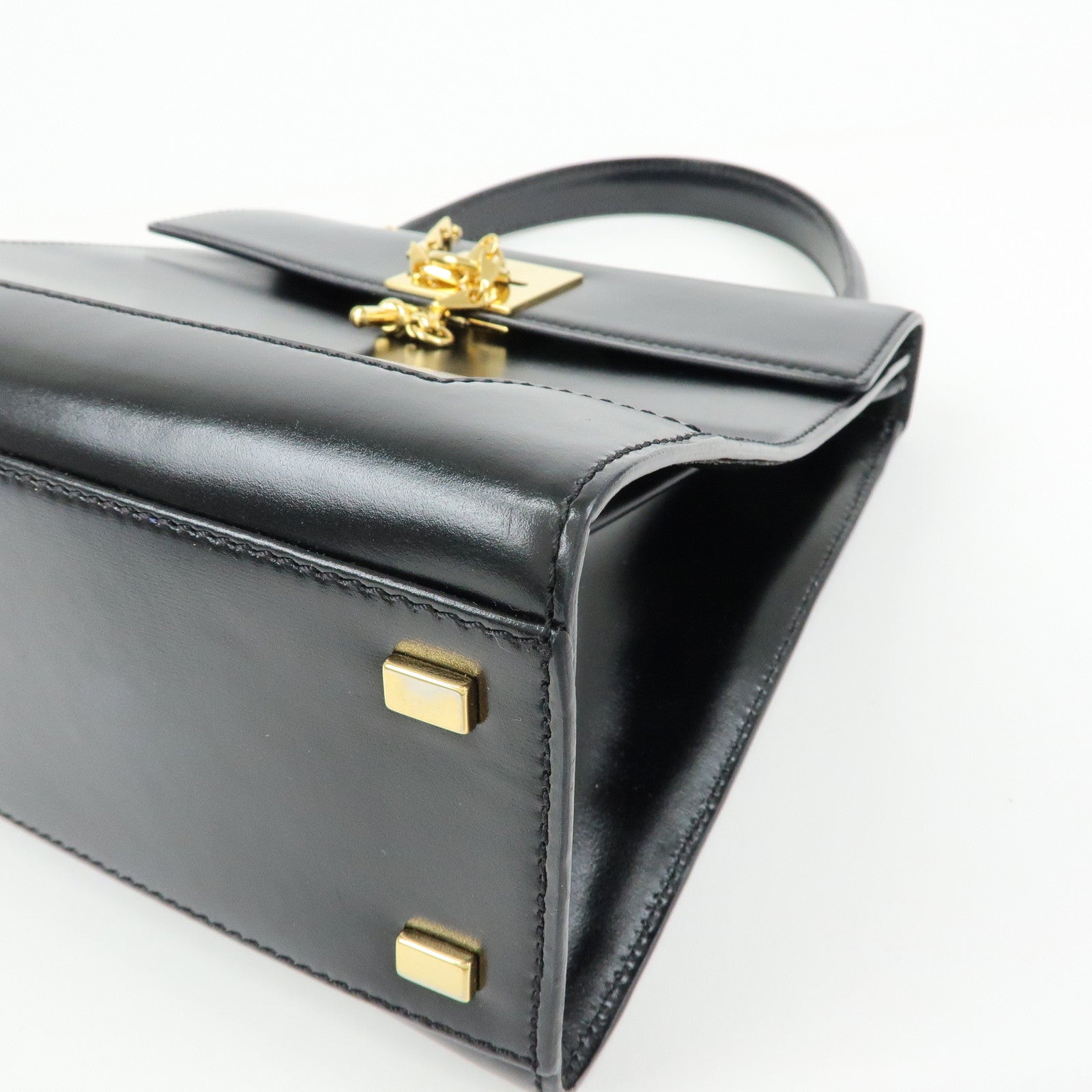 CELINE Leather Hand Bag Top-handle Bag Black Gold Chain