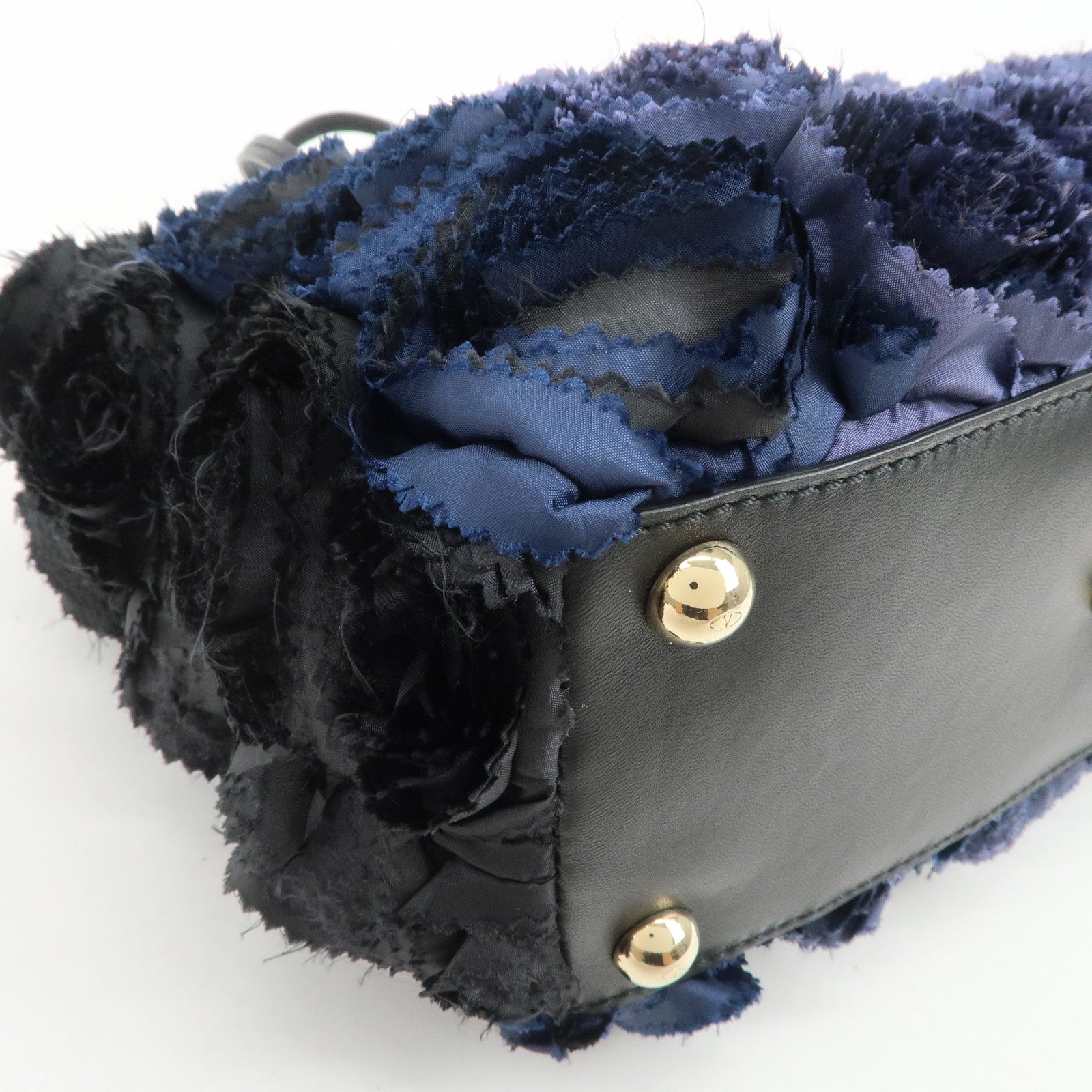 VALENTINO Logo Nylon Leather Hand Bag Navy Gold