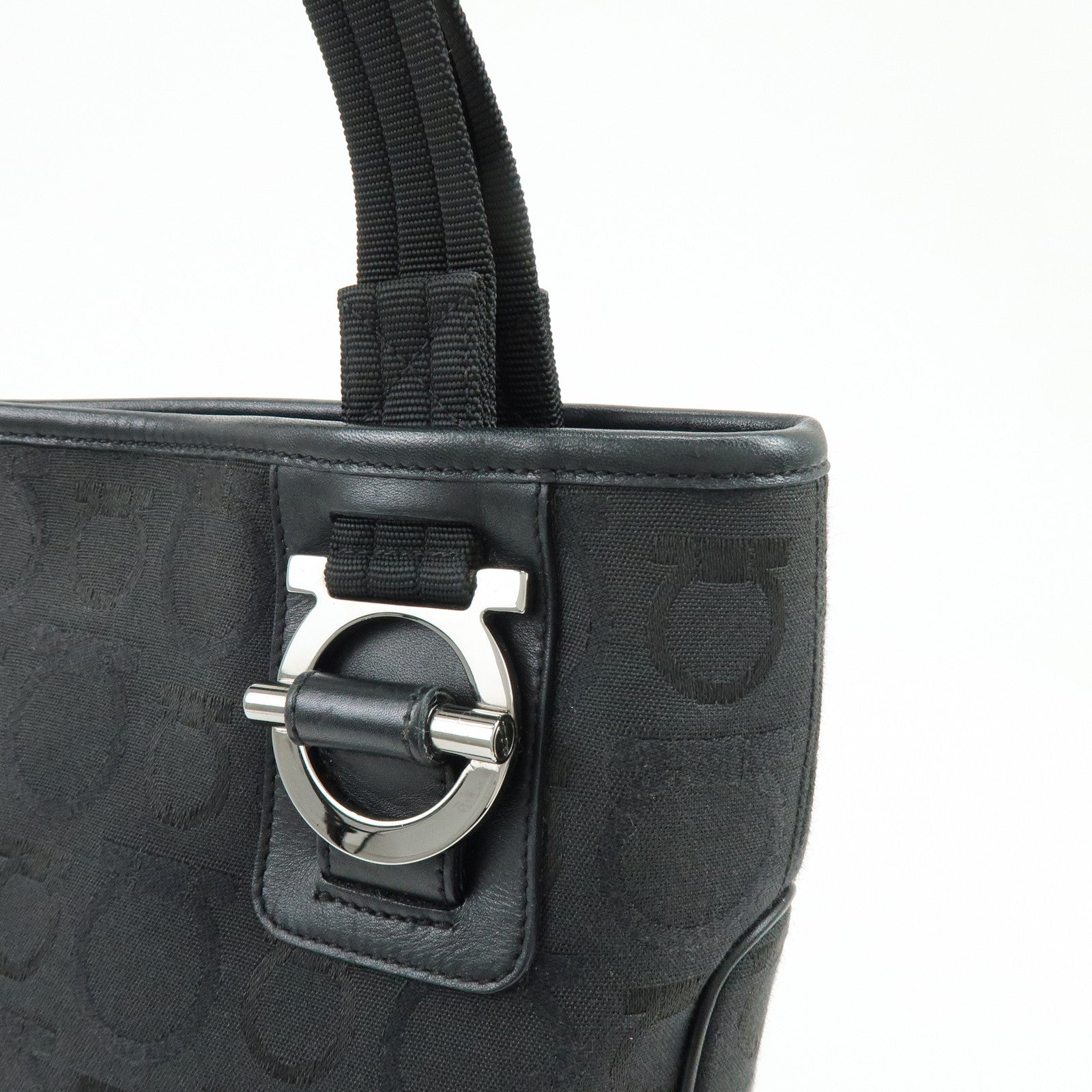 Ferragamo Gancini Canvas Leather Tote Bag Shoulder Bag Black