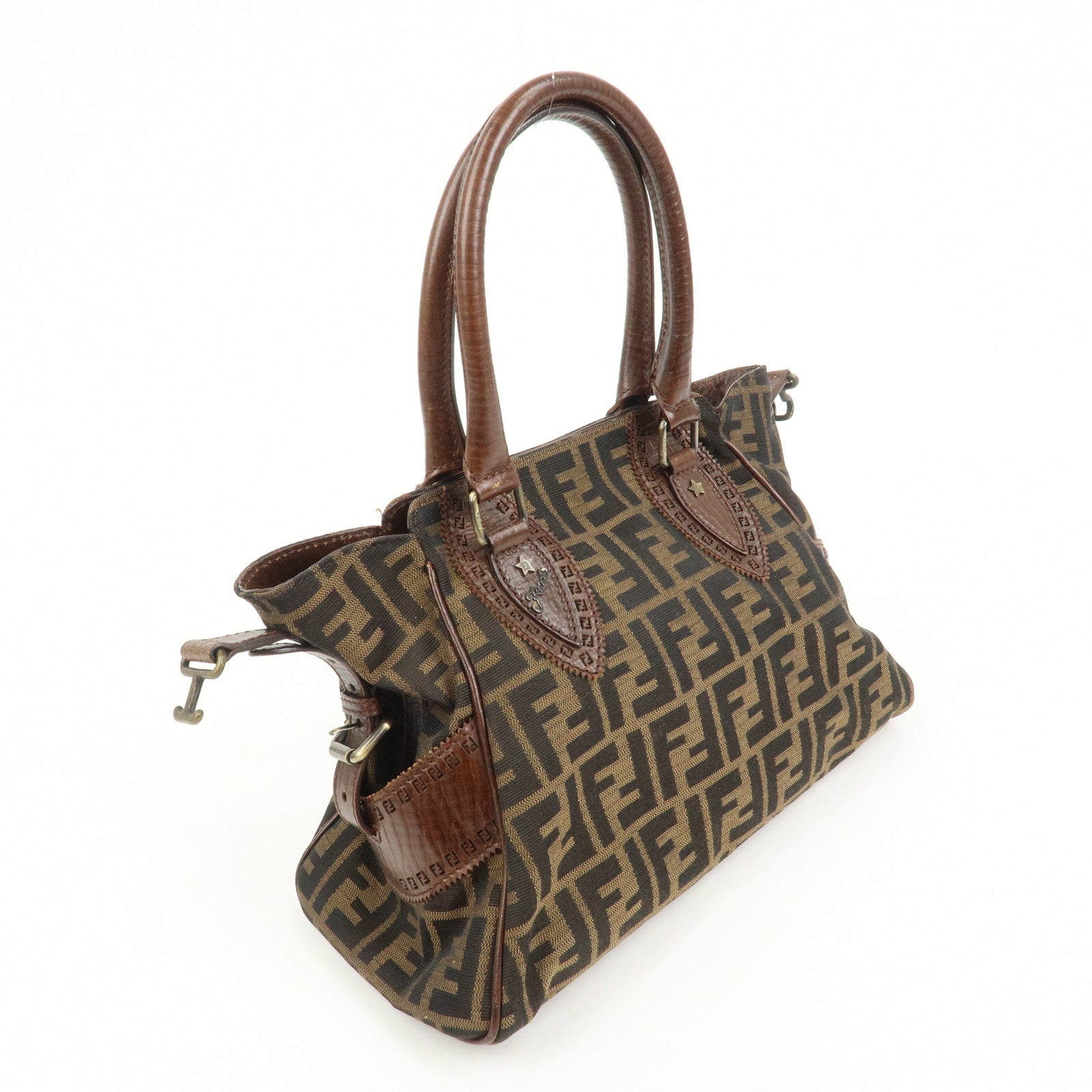 FENDI Ethnico Zucca Canvas Leather Shoulder Bag Brown 8BN157