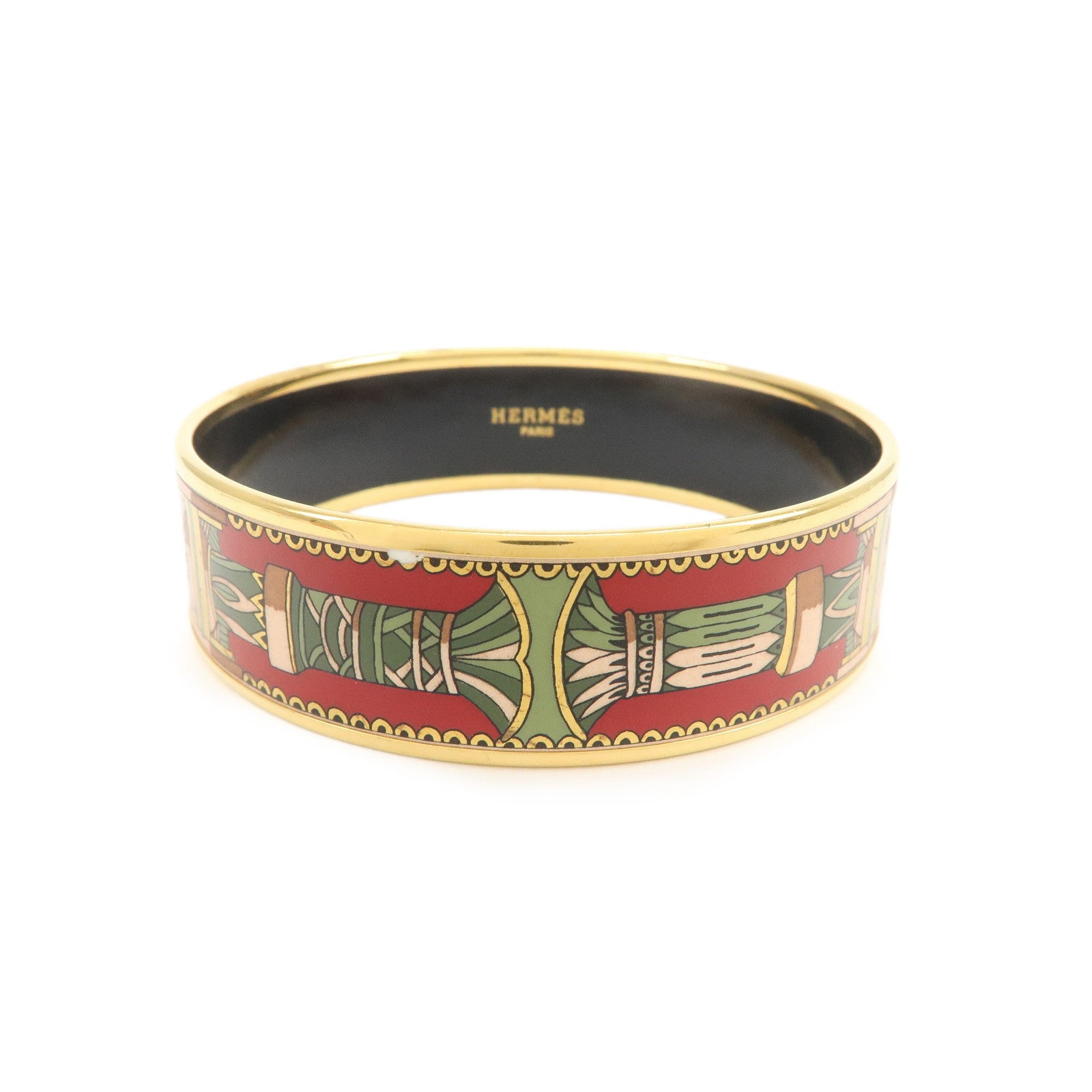 HERMES Email GM Gold Plated Bangle Bracelet Red Green