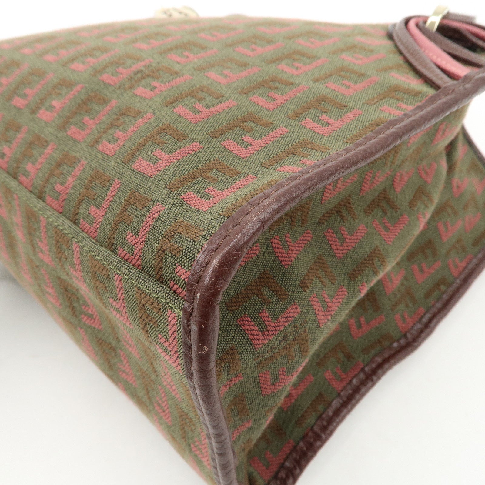 FENDI Zucchino Leather Canvas Hand Bag Khaki Bordeaux