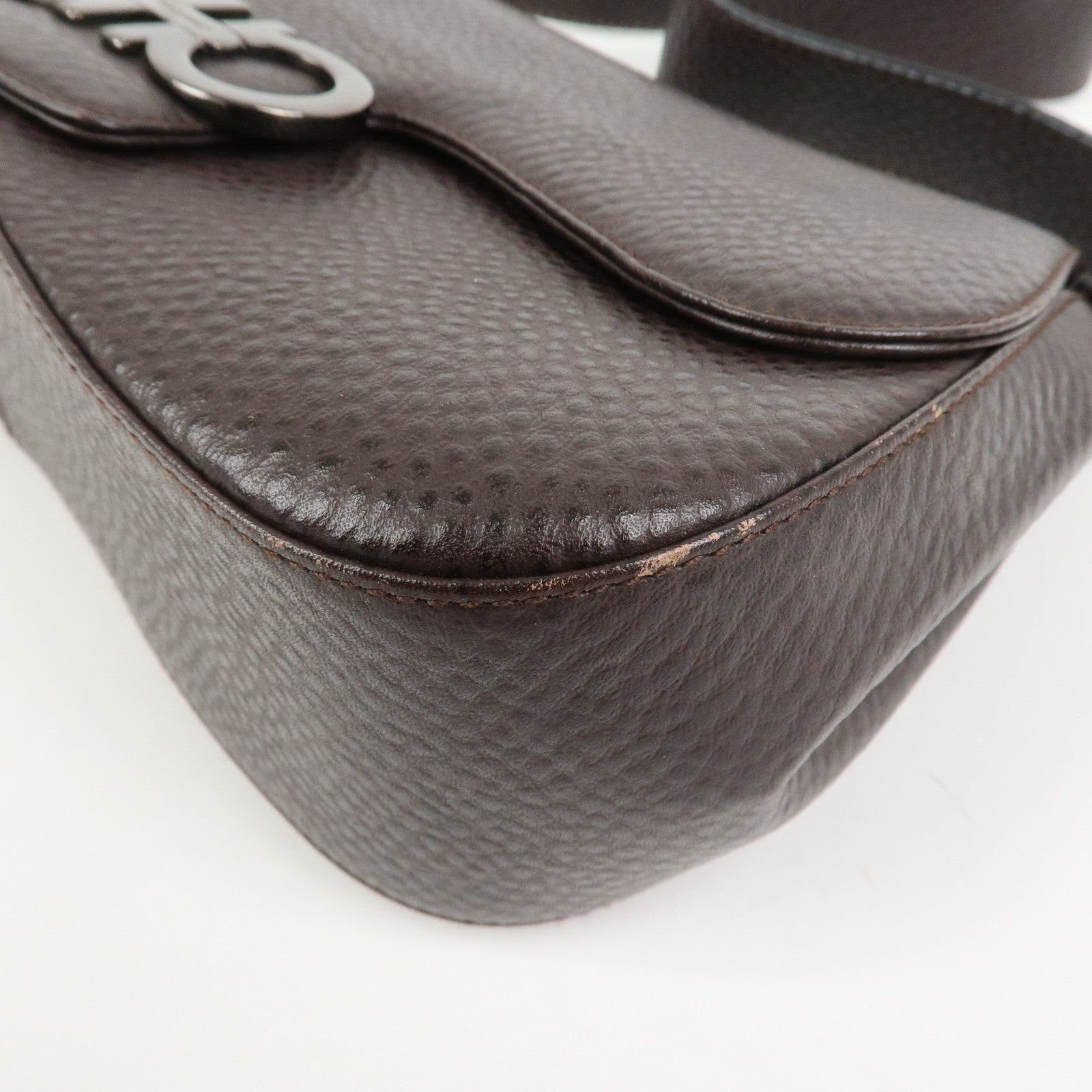 Ferragamo Gancini Logo Leather Shoulder Bag Hand Bag Brown