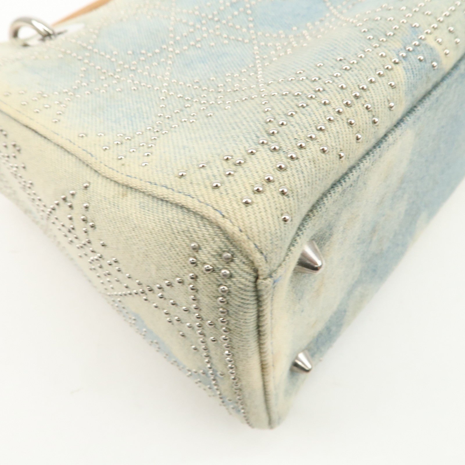 Christian Dior Cannage Leather Denim 2 Way Tote Bag Studs Beige Blue