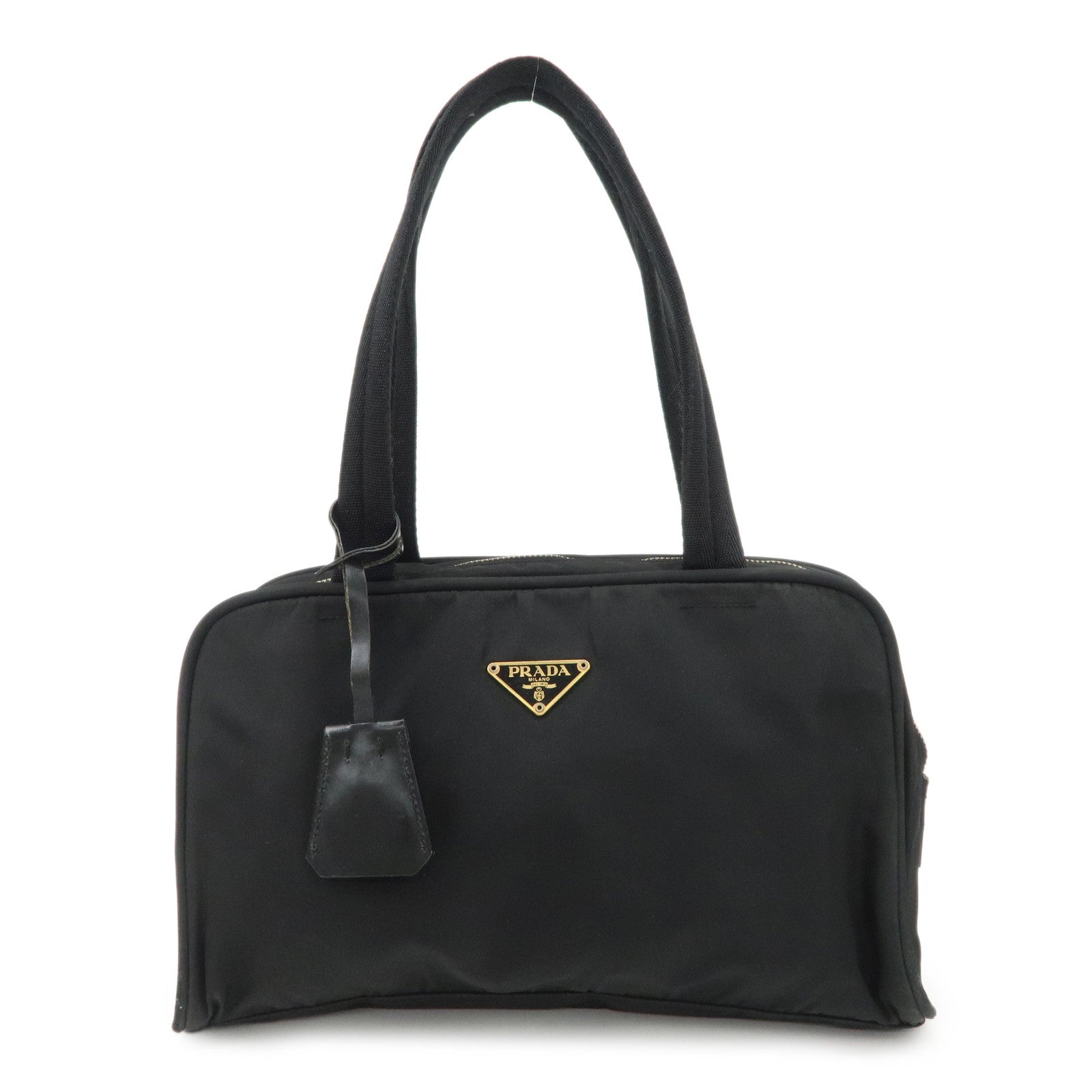 PRADA Triangle Logo Leather Nylon Hand Bag Shoulder Bag Black BR0141 Used