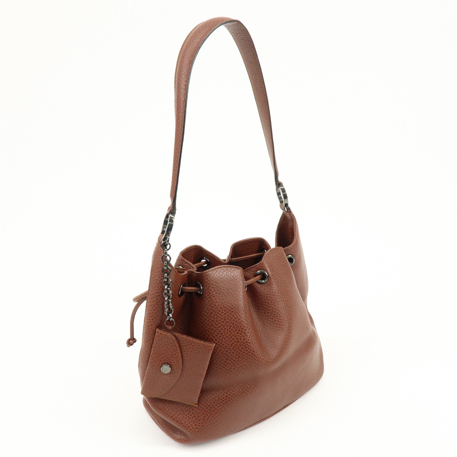 Ferragamo Gancini Leather Drawstring Bag Shoulder Bag Brown