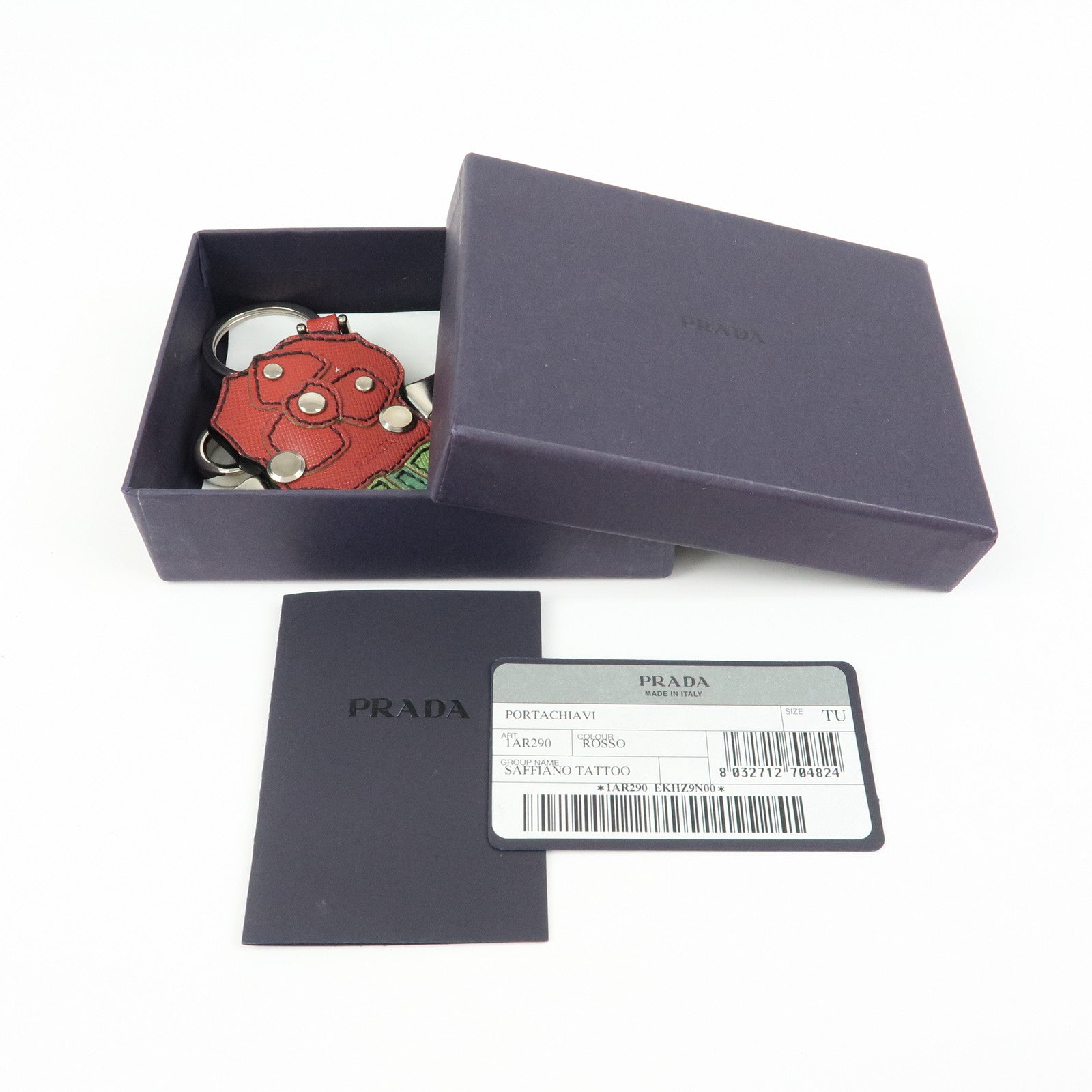 PRADA Saffiano Leather Rose Motif Bag Charm Key Holder Red 1AR290