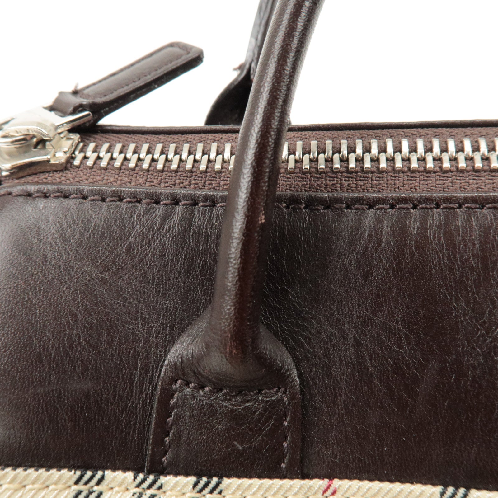 BURBERRY Leather Canvas Hand Bag Nova Plaid Beige Brown Used