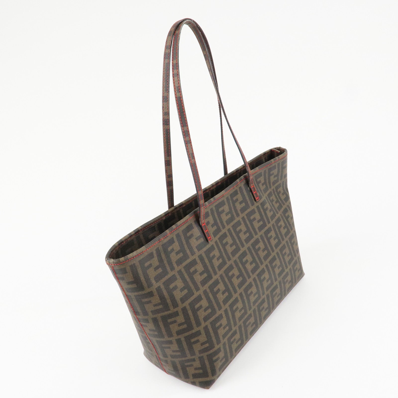 FENDI Zucca Canvas Leather Tote Bag Hand Bag Brown Black 8BH198 Used